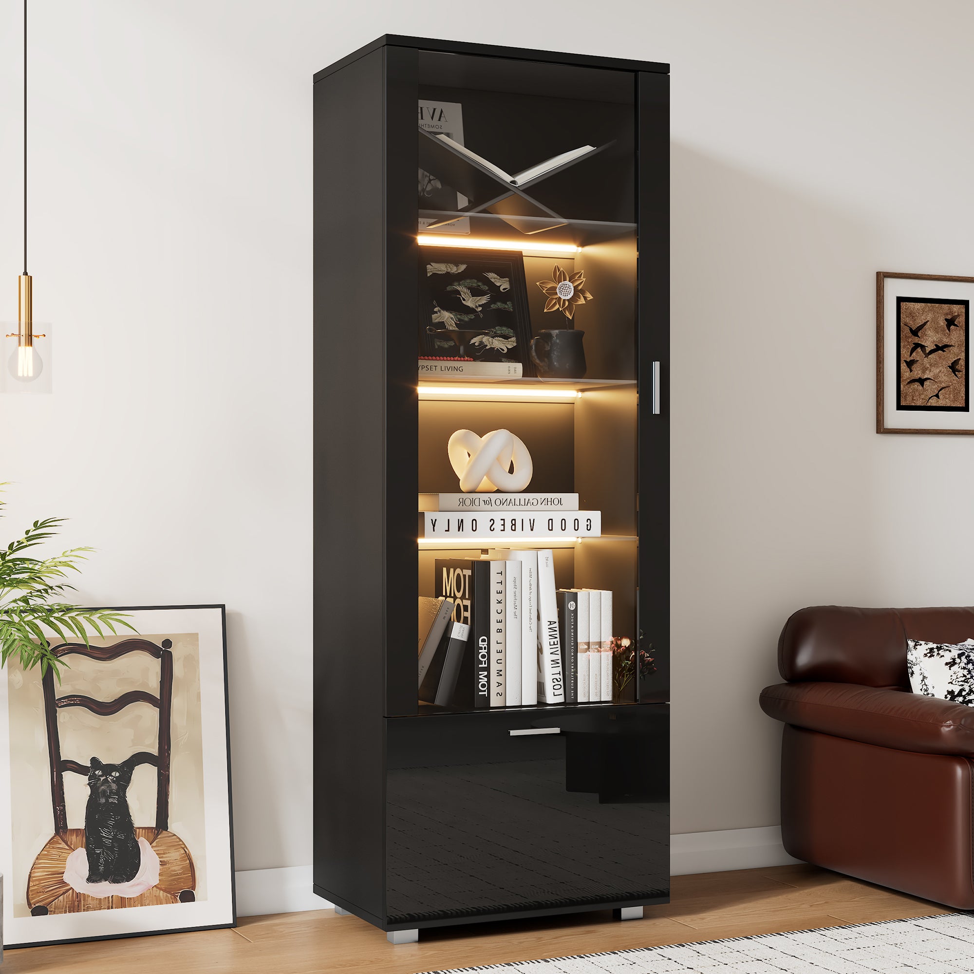 Hauss Spole  Vitrina De Alto Brillo De 50X160x40 Cm, Con Iluminación Led Multicolor, Aglomerado, Color Negro , Leroy Merlin