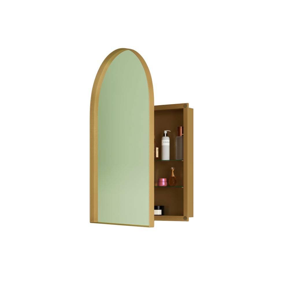 Armoire miroir arquée encastrable avec rangement, cadre métallique, étagères réglables et miroir trempé pour salle de bain moderne - 8