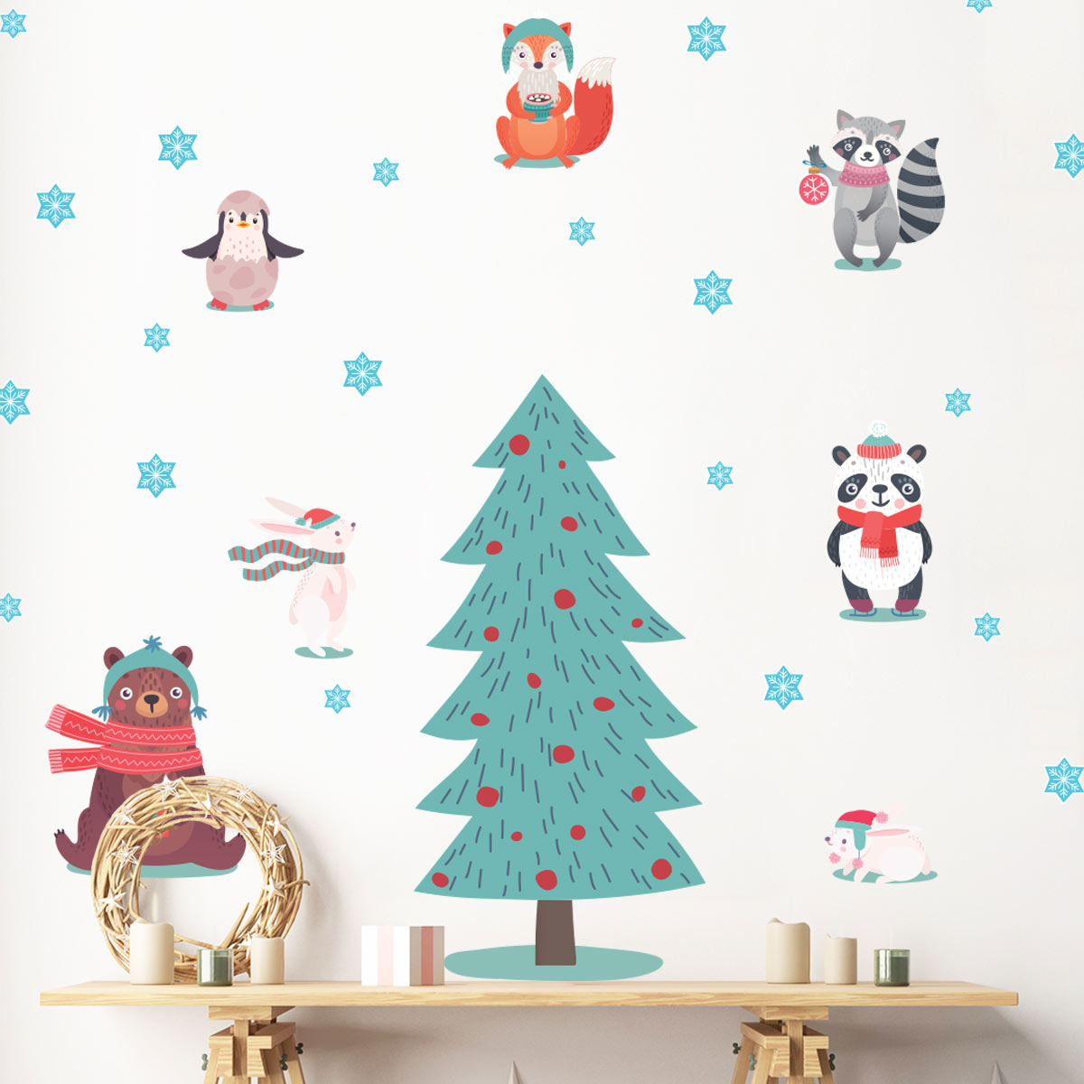 Vinilos navideños animales escandinavos bajo la nieve - adhesivo de pared - revestimiento sticker mural decorativo - 60x40cm