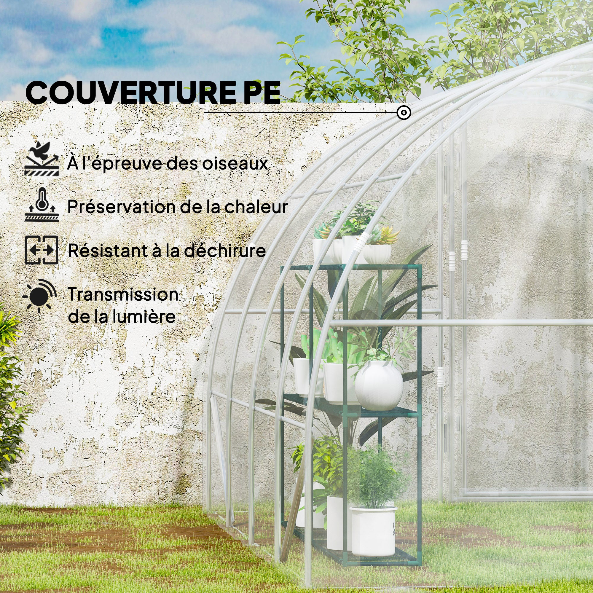 Serre de jardin tunnel 4 x 3 x 2 m 12 m² avec 2 portes à charnières bâche en PE 150 g/m² pour Légumes Plantes Fleurs - 6