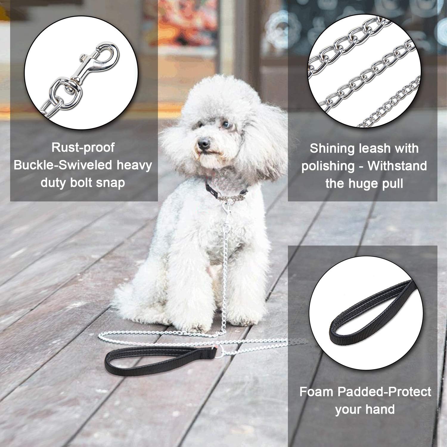Guia de corrente resistente para cães grandes e médios - 1,8 m, 2 mm de espessura - Alça acolchoada confortável - 5
