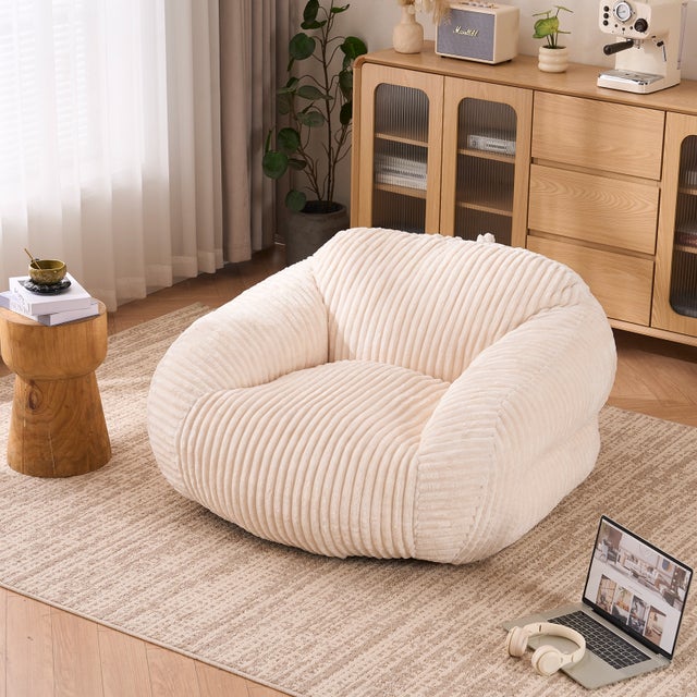 Pouf poire fauteuil géant 110 x 116 x 61 cm – Chauffeuse de sol avec rembourrage mousse haute densité sans montage – Velours - Beige