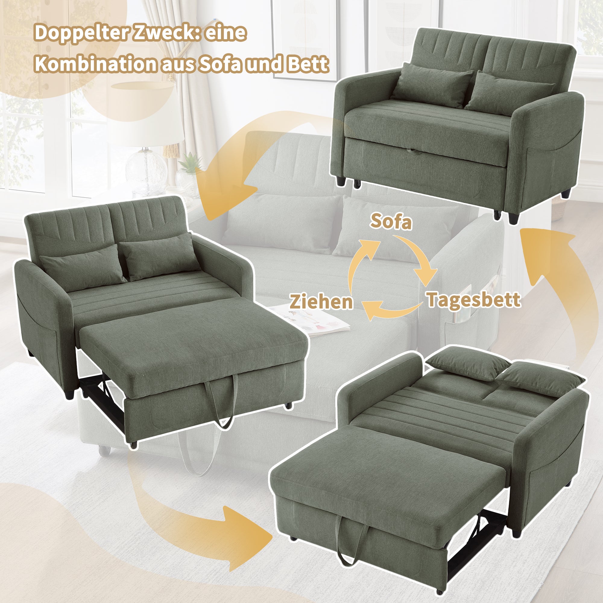 Sofa rozkładana 2-osobowa z 3-stopniową regulacją oparcia - 114 x 77 x 82,5 cm - Tkanina bawełniano-lniana - Zielony - 9