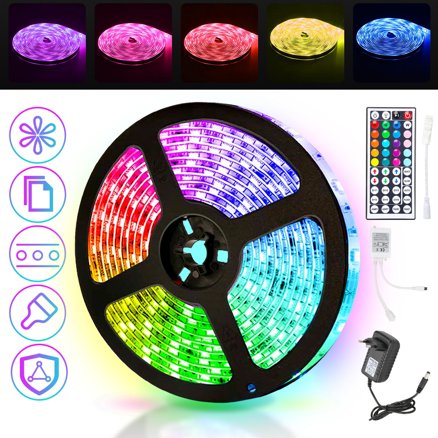 Taśma LED 4M 5050 SMD RGB, 120 diod LED z 44-klawiszowym pilotem + zasilacz 12 V do montażu na ścianie tylnej imprezy