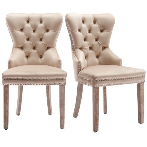 Eleganckie krzesło do jadalni z aksamitu ze srebrnymi guzikami, oparciem w stylu retro, wyściełanym siedziskiem i nogami z litego drewna