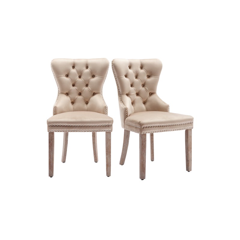 Eleganckie krzesło do jadalni z aksamitu ze srebrnymi guzikami, oparciem w stylu retro, wyściełanym siedziskiem i nogami z litego drewna