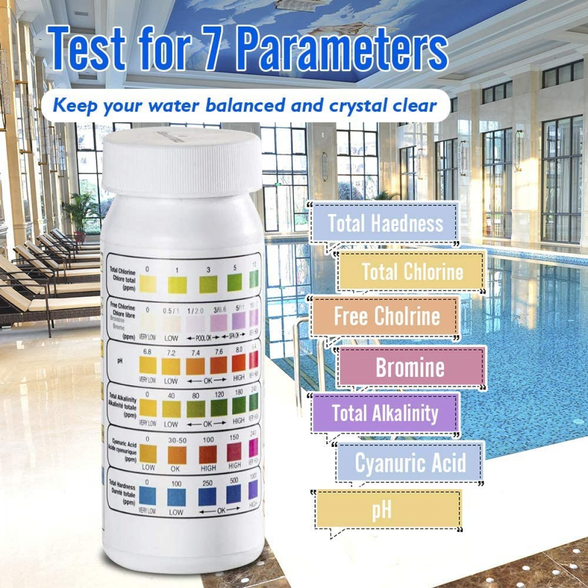 Bandelettes de test pour piscine et spa 6 en 1, 100 bandelettes pour tester le chlore, le brome, le pH, l'alcalinité, l'acide cyanurique et la dureté - 2