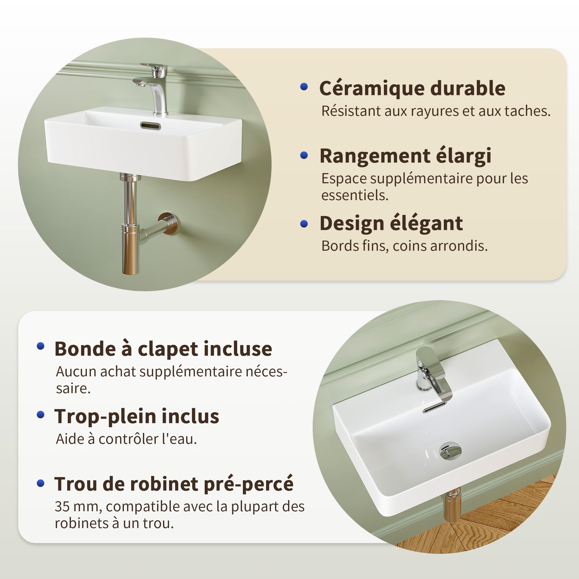 Vasque lave-main 46 cm céramique – Bord fin, coins arrondis – Bonde & trop-plein inclus – Vasque salle de bain à poser ou mural – Idéal lave main wc - 3