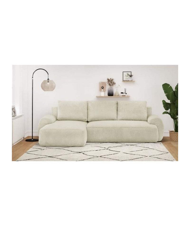 Canapé d'angle gauche convertible 3 places MILO - Velours côtelés beige - Coffre de rangement - L 264 x H 84 x P 99/145 cm - 2