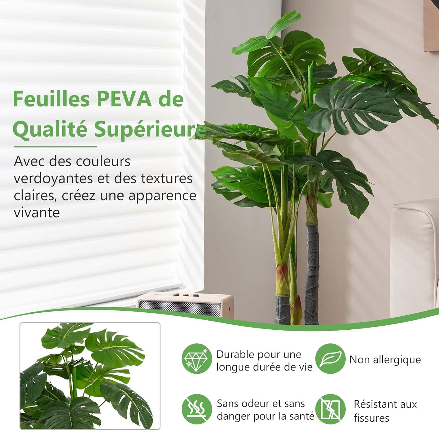 Pianta Finta 120 cm, Albero di Filodendro Artificiale con Foglie in Plastica PE, 3 Rami e 20 Foglie e Supporto in Cemento, Ideale per Casa, Uf - 4