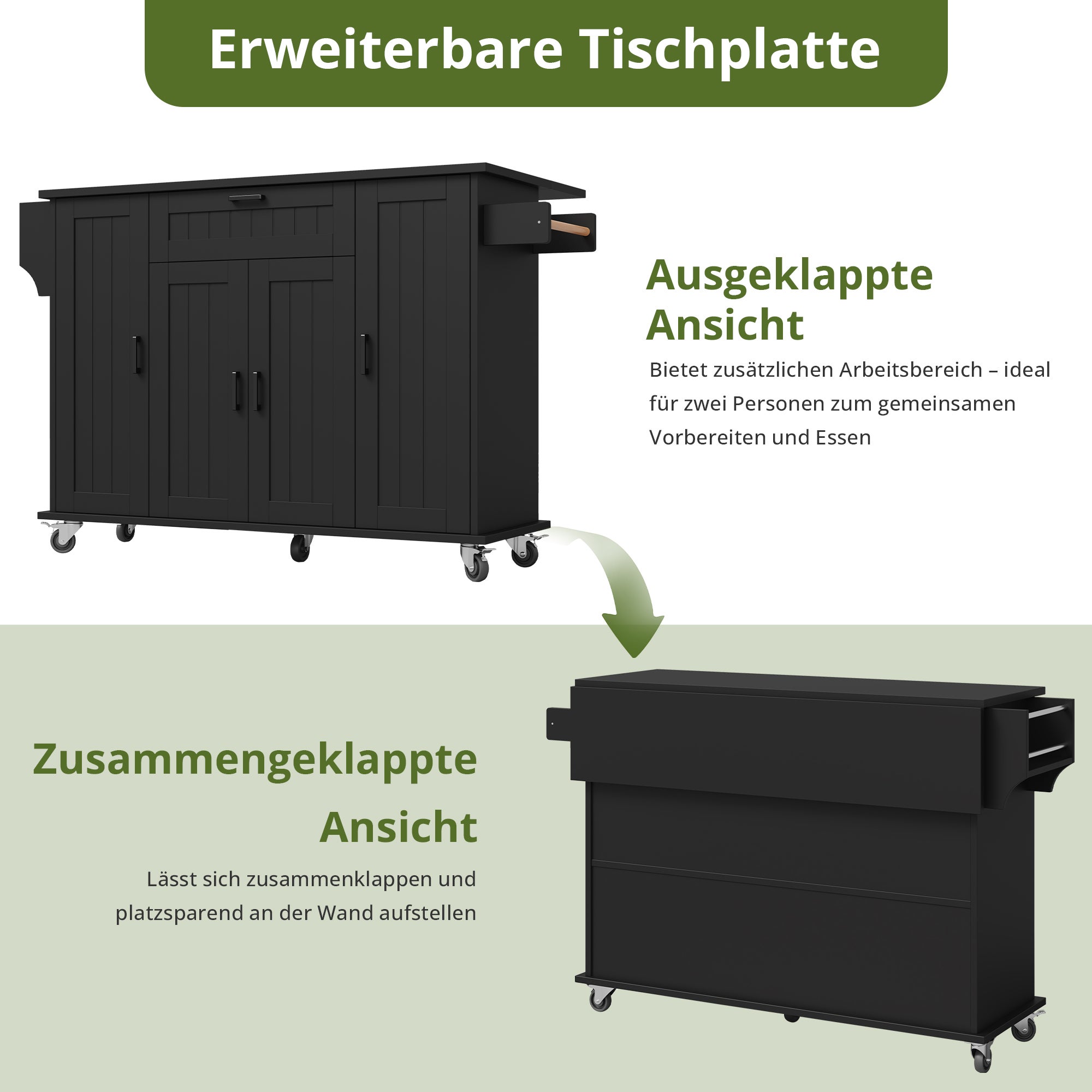 Isola cucina mobile con 4 ante, 1 cassetto e portasciugamani - 120 x 45/70 x 95 cm - MDF - Nero - 2