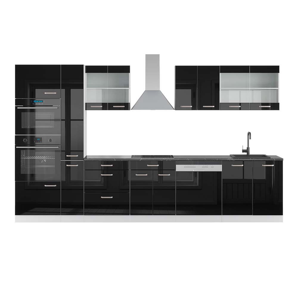 Vicco Zabudowa kuchenna R-Line, Czarny wysoki połysk/biały, 350 cm z wysoką szafką, BP Antracyt