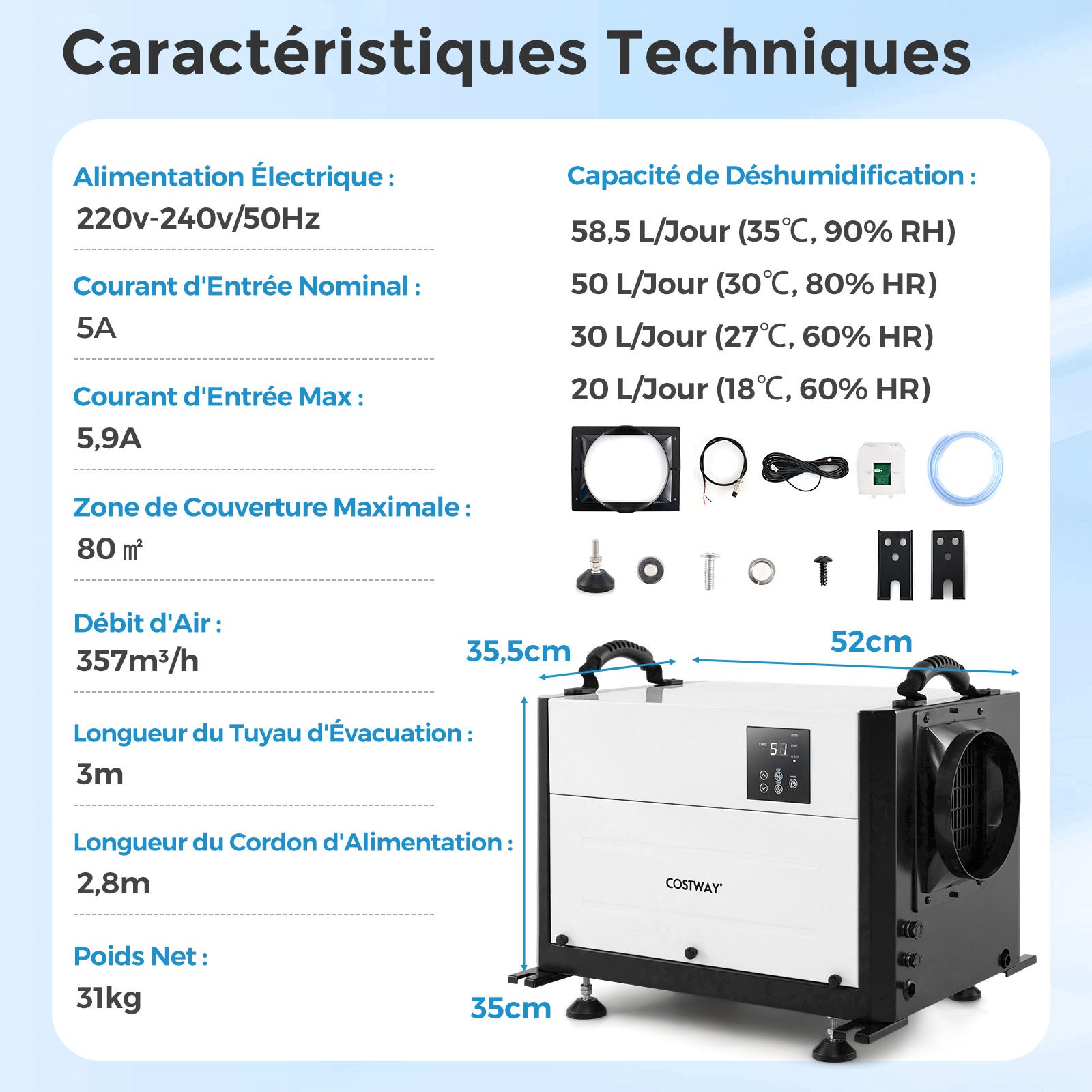 Déshumidificateur d'Air 58,5/Jour Jusqu'à 80m² avec 3 Modes, Minuterie de 24&nbsp;H, Tuyau de Vidange, Dégivrage Automatique, pour Sous-Sol, Blanc - 4