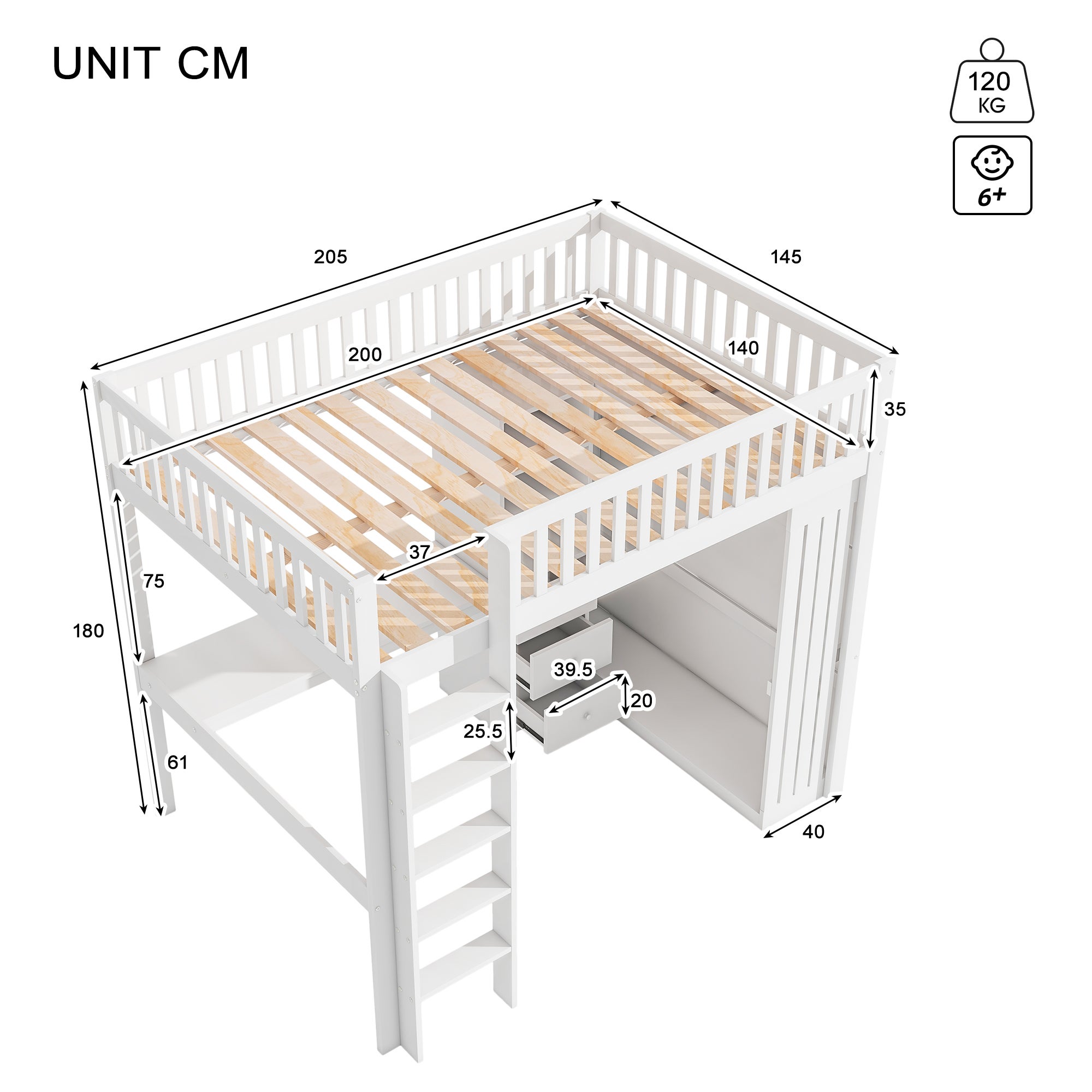 Letto a soppalco, 140 x 200 cm, scrivania, armadio, 3 cassetti, vano portaoggetti aperto, ringhiera, scale, senza materasso, bianco - 8