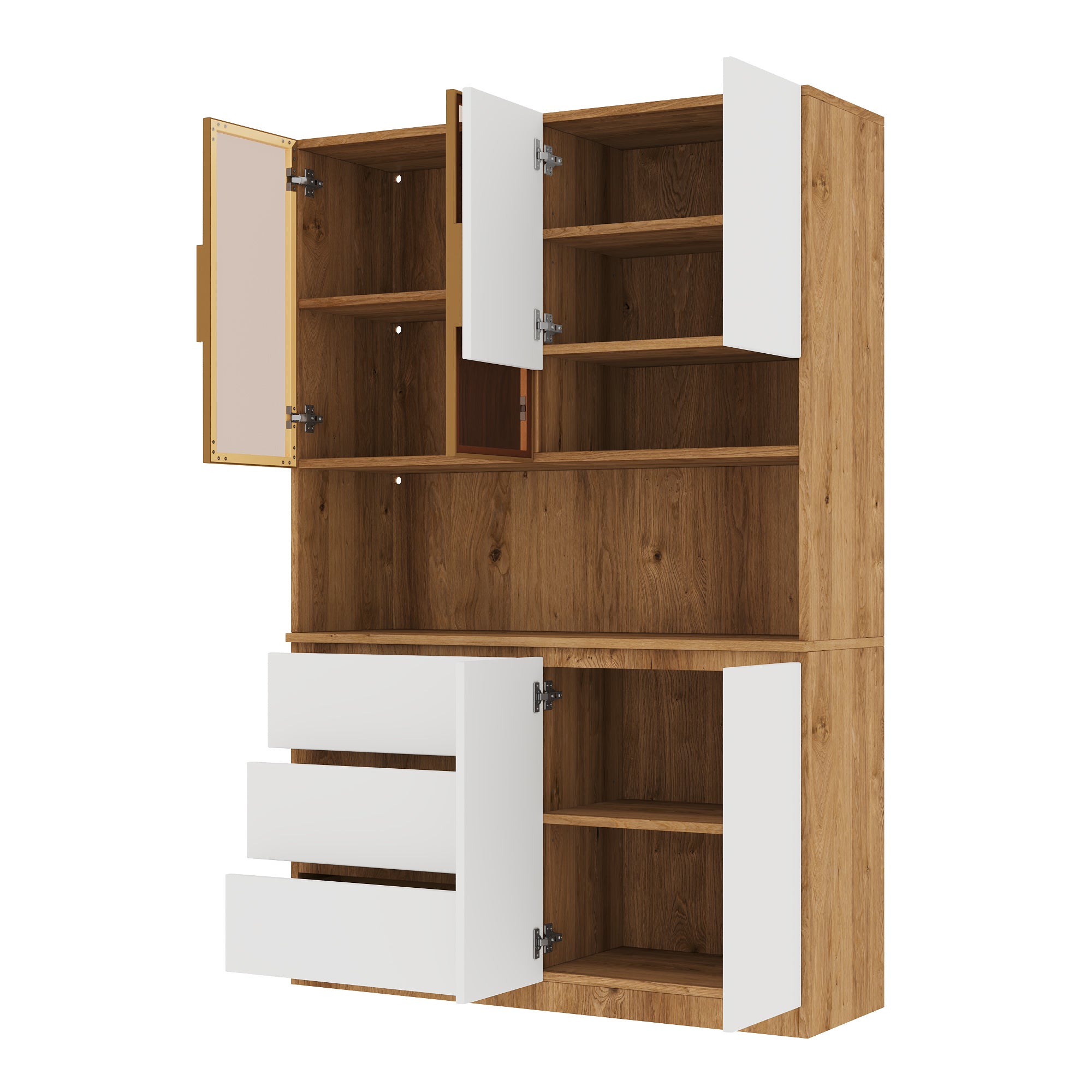 Meuble de cuisine 120,5 x 40 x 180 cm, armoire de rangement LED avec 3 tiroirs, 6 portes, étagères et niche micro-ondes, Blanc + bois naturel - 6