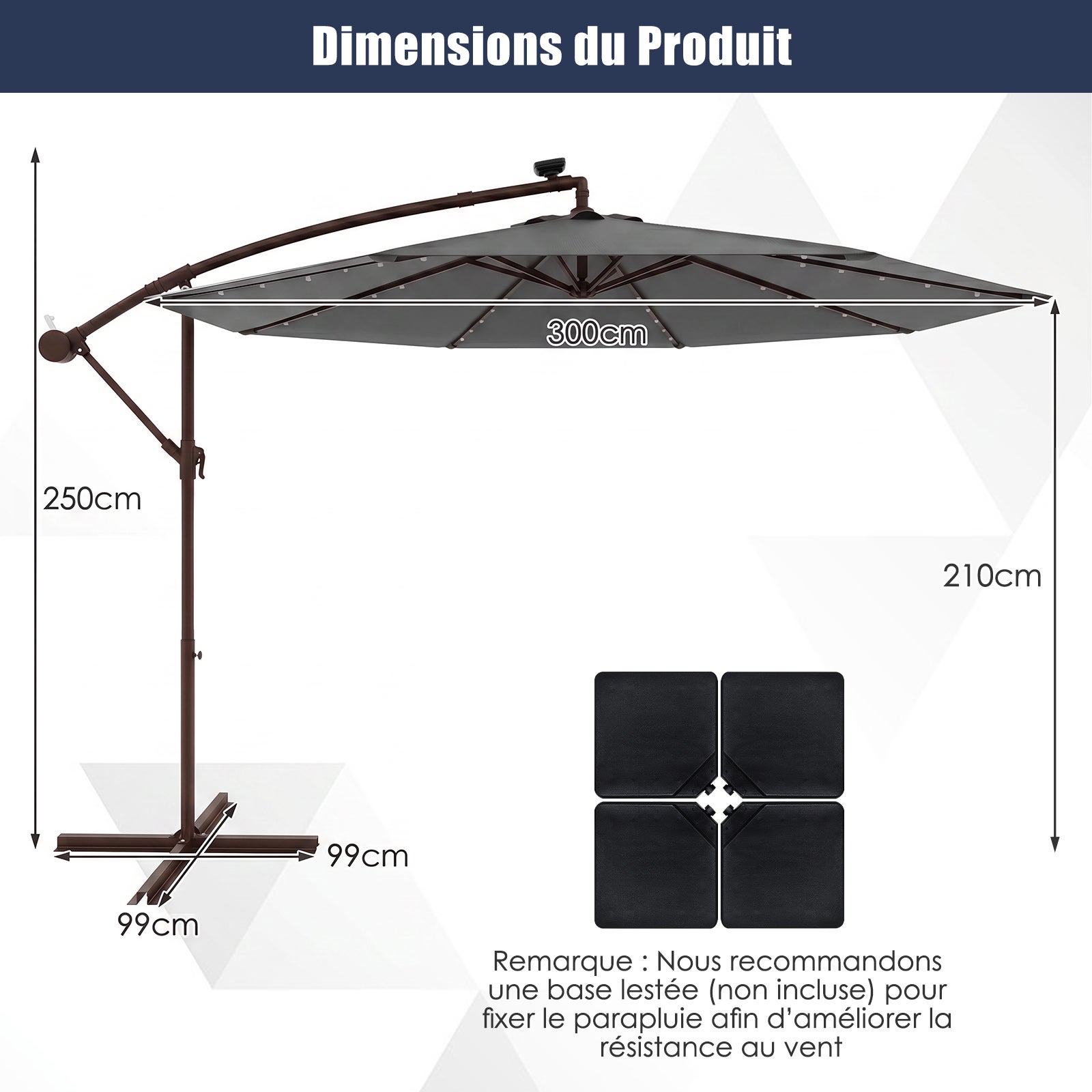 Sombrilla voladiza 3M con luz LED, sombrilla de jardín de 8 varillas con base en cruz, sombrilla grande inclinable con manivela para patio y terraza - 3