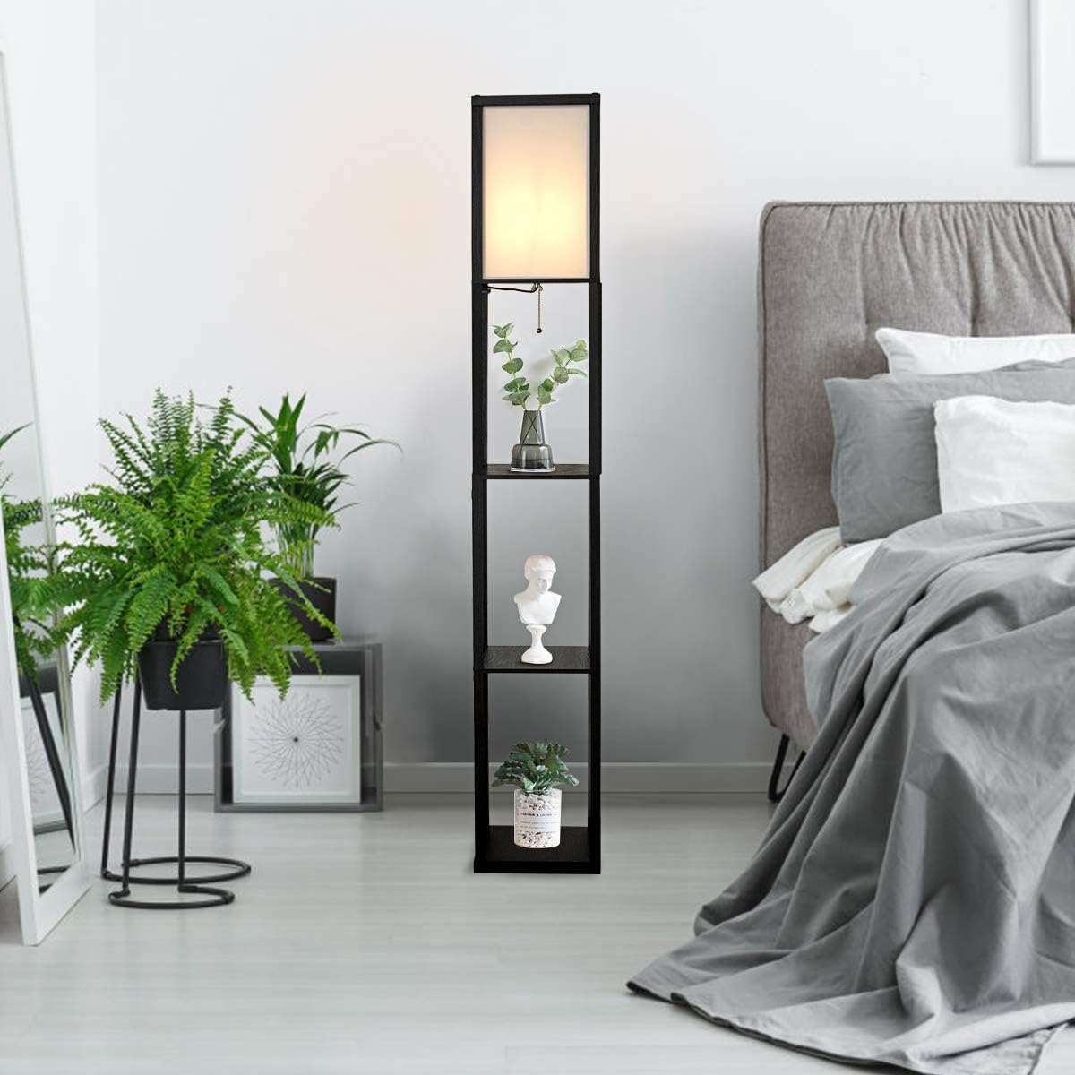 Lampadaire Interieur 1,6M avec Tablettes de Rangement a 3 Niveaux, Lampe sur Pied, Abat-jour en Tissu, Ampoule E27+60W(NON Inclue) (Noir) - 6