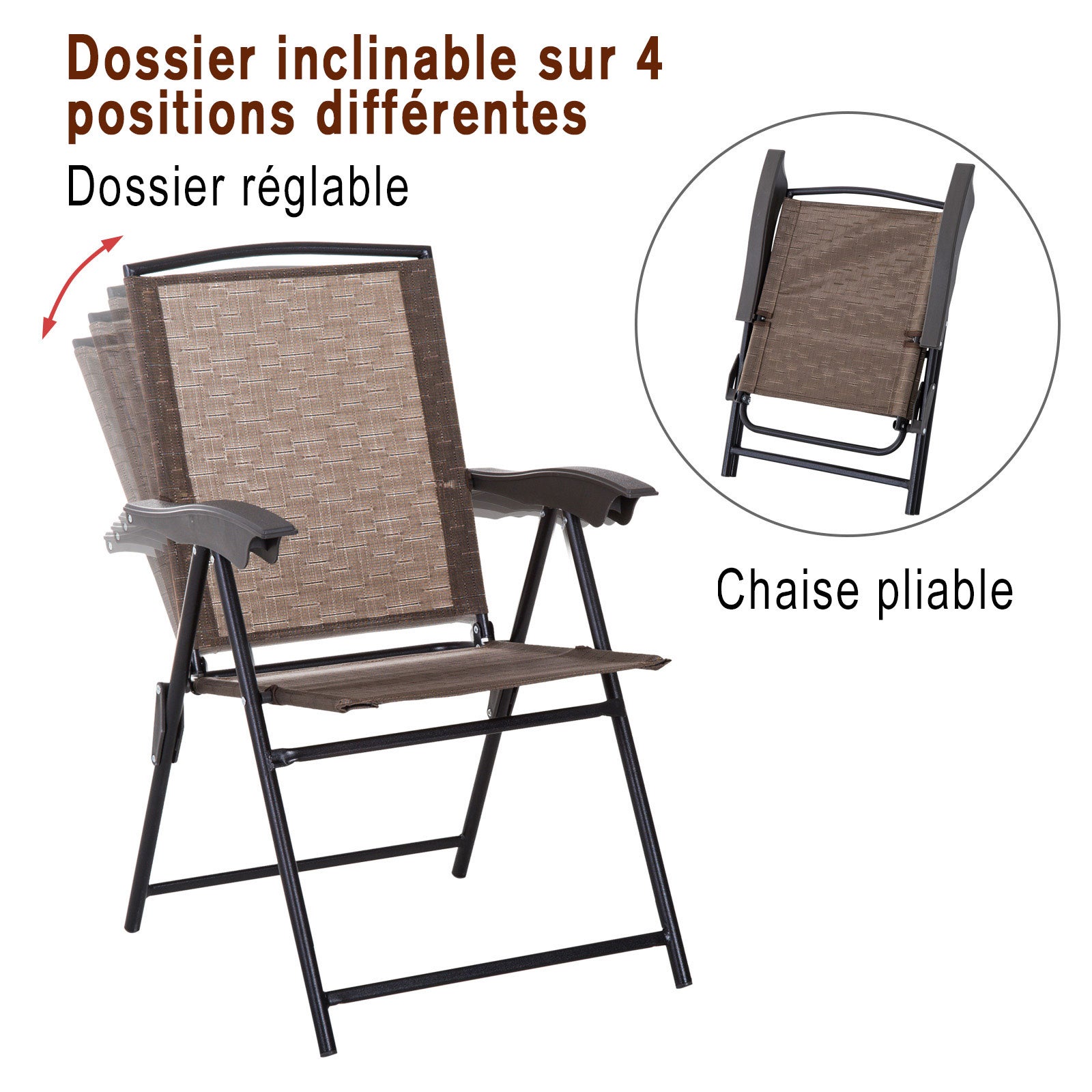 Ensemble Jardin 3 pièces : 2 chaises inclinables multi-positions pliables + table ronde verre trempé, métal/textilène, chocolat. - 7