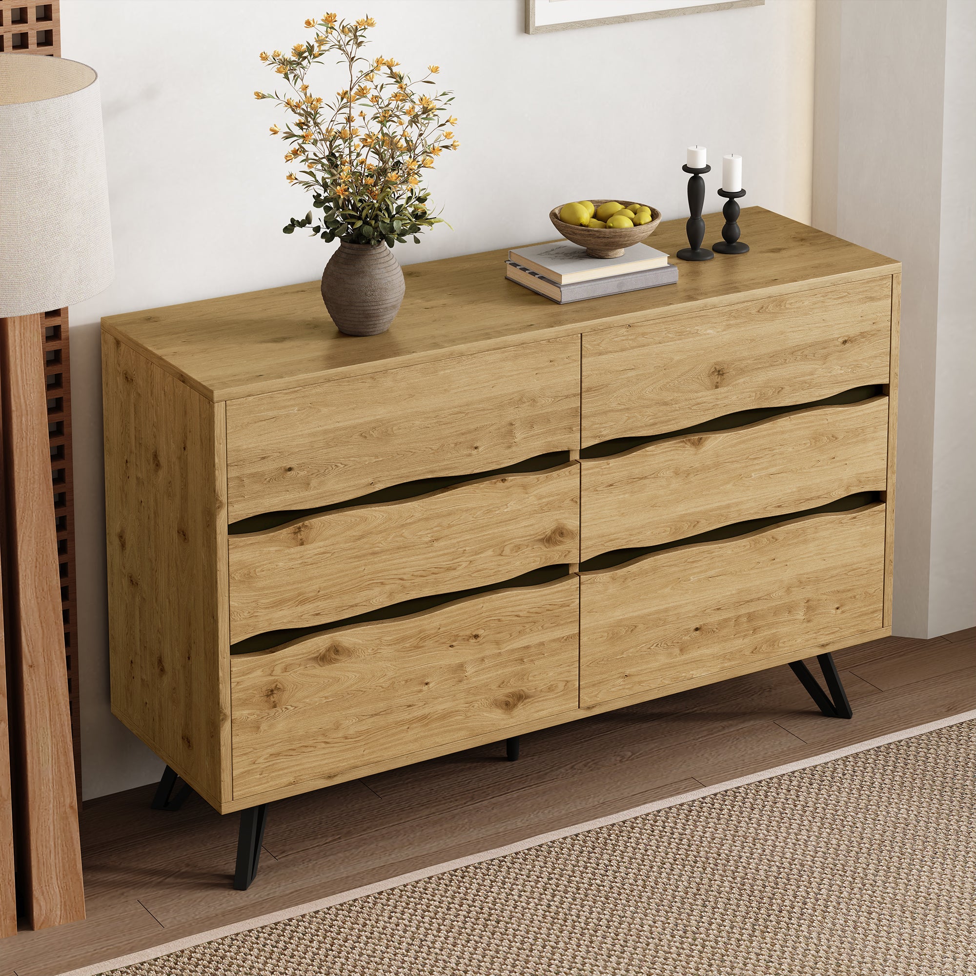 Commode 120x40x75,5 cm avec 6 tiroirs, espace de rangement, en MDF, couleur chêne - 6