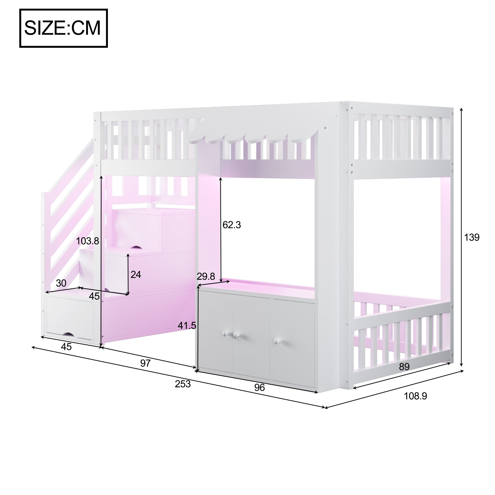 Lit mezzanine bois 90x200cm,avec Lumières LED,Conception des avant-toits,Lit mezzanine enfant avec casiers et escalier de sécurité,Blanc,Sans matelas - 3