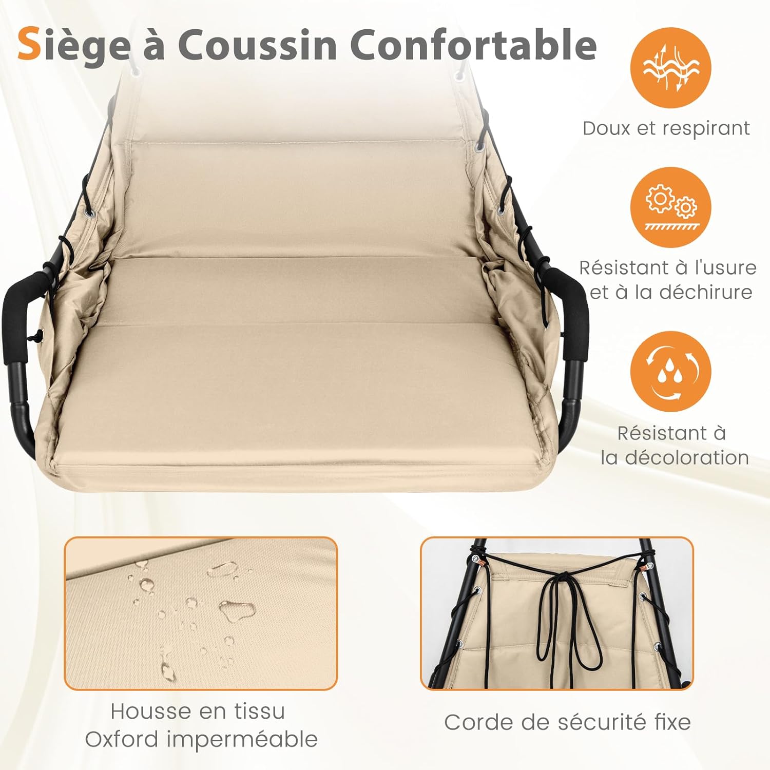 Sedia Sospesa con Supporto in Metallo, Sedia a Dondolo con Sedile Imbottito, Telaio in Metallo Robusto, Sedia a Dondolo per Portico, Giardino, - 5