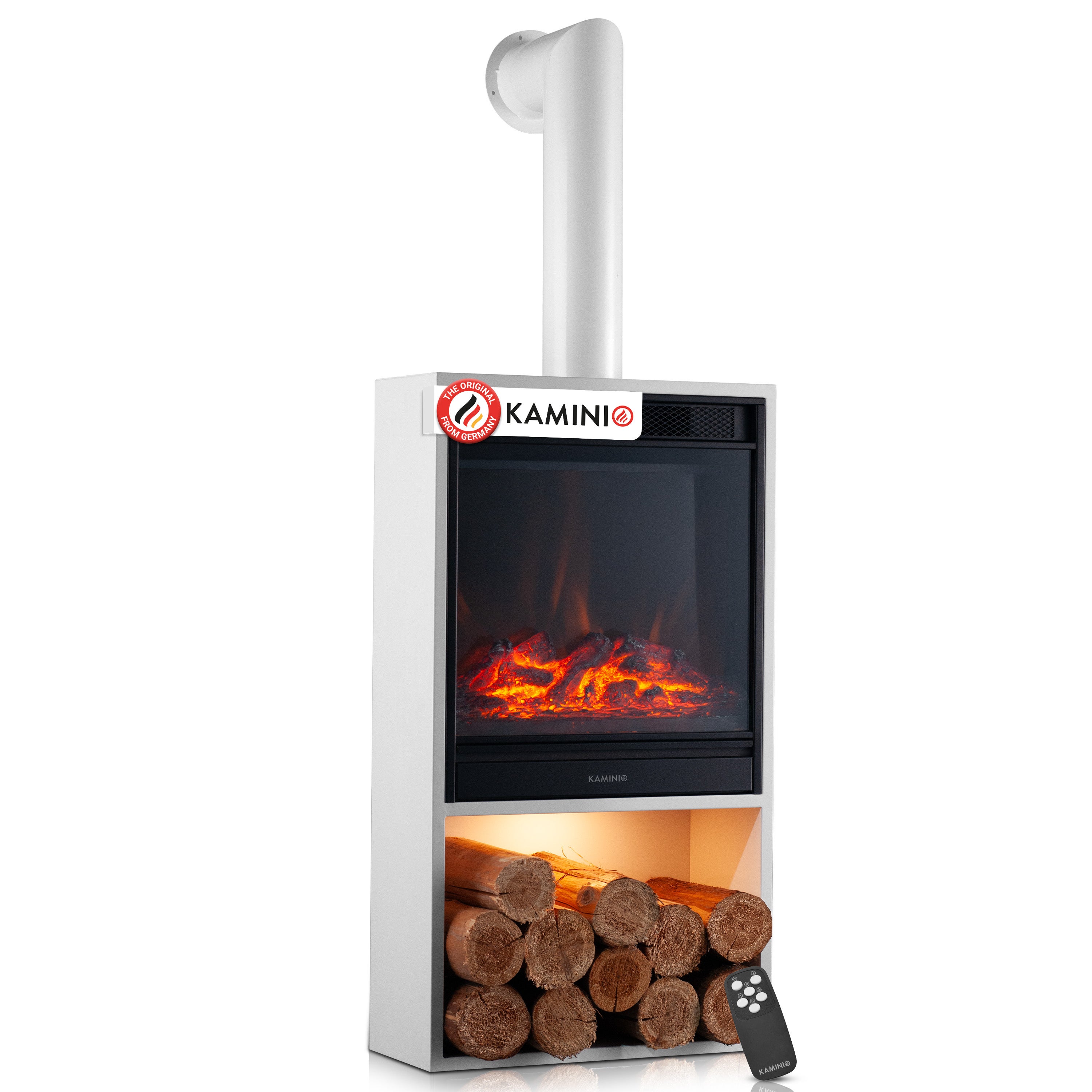 KAMINIO Kominek elektryczny HUGO z rurą kominową – piec kominkowy, ogrzewanie, płomień 3D, oświetlenie nastrojowe, schowek na drewno, pilot – Biały