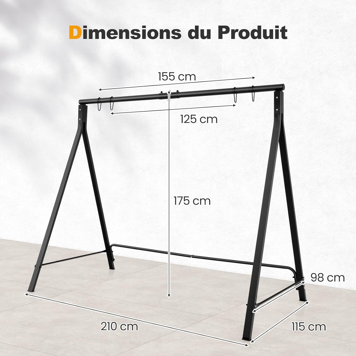 Estrutura giratória metálica com 5 anéis de suspensão, suporte giratório em forma de A com almofada antiderrapante, 210 x 115 x 175 cm - 5