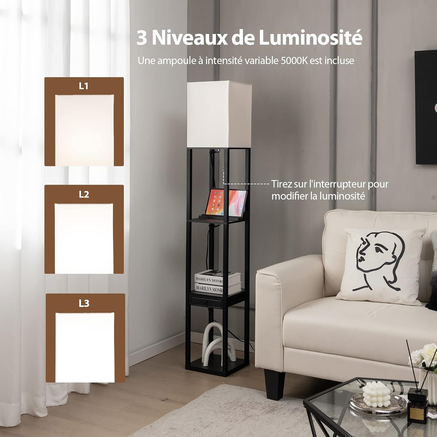 Lampa Stojąca do Salonu z 3 Regałami i Szufladą, Nowoczesna Lampa Stojąca z Regulowaną Jasnością i 1 Portem USB do Salonu, Sypialni, Biura