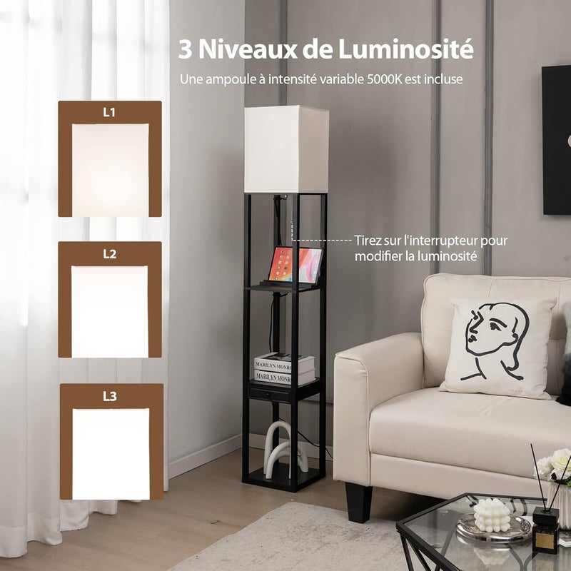 Lampa Stojąca do Salonu z 3 Regałami i Szufladą, Nowoczesna Lampa Stojąca z Regulowaną Jasnością i 1 Portem USB do Salonu, Sypialni, Biura