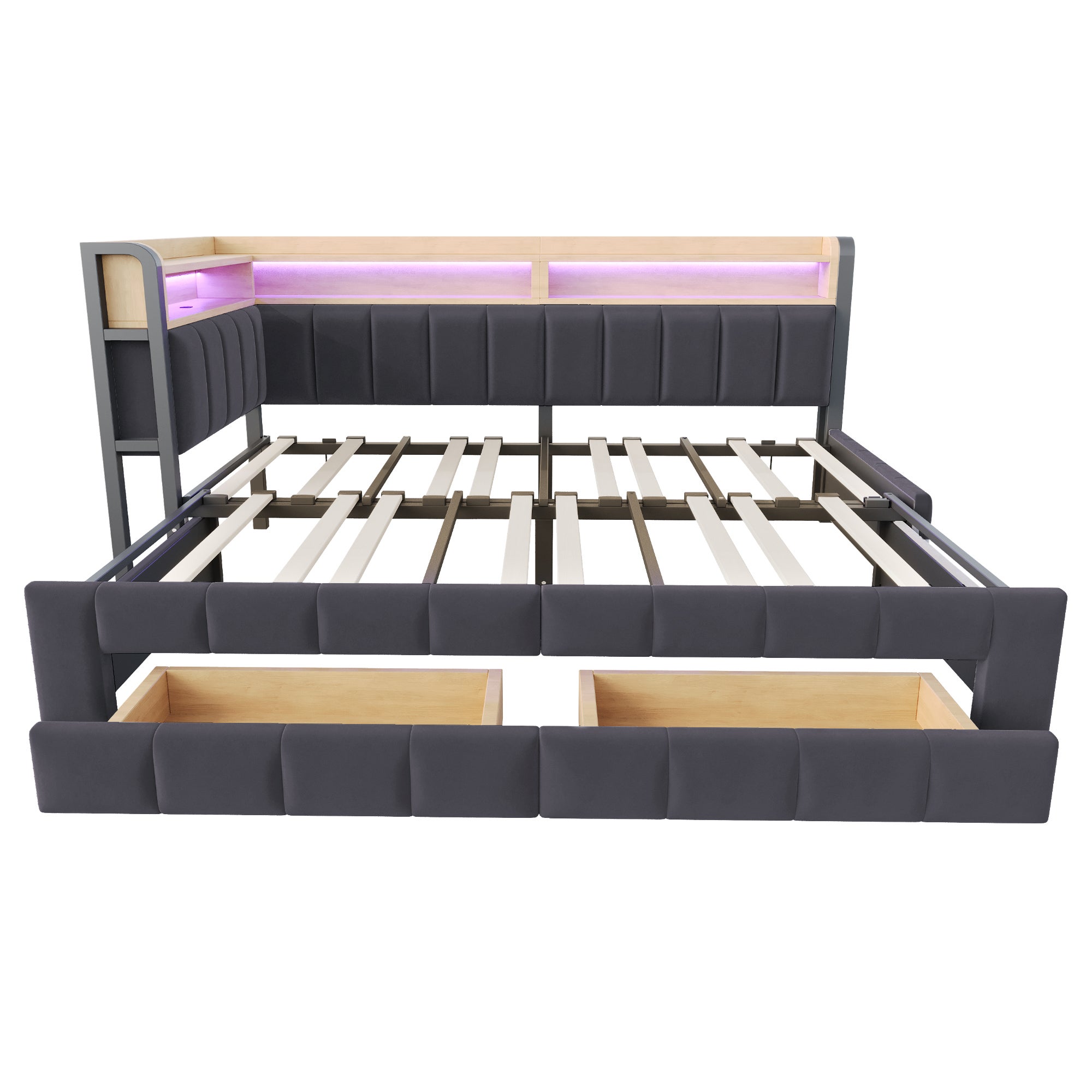 Canapé-lit 90/180×200cm avec éclairage LED et port,Lit capitonné avec lit gigogne et espace de rangement,Velours,Gris foncé (matelas non inclus) - 7