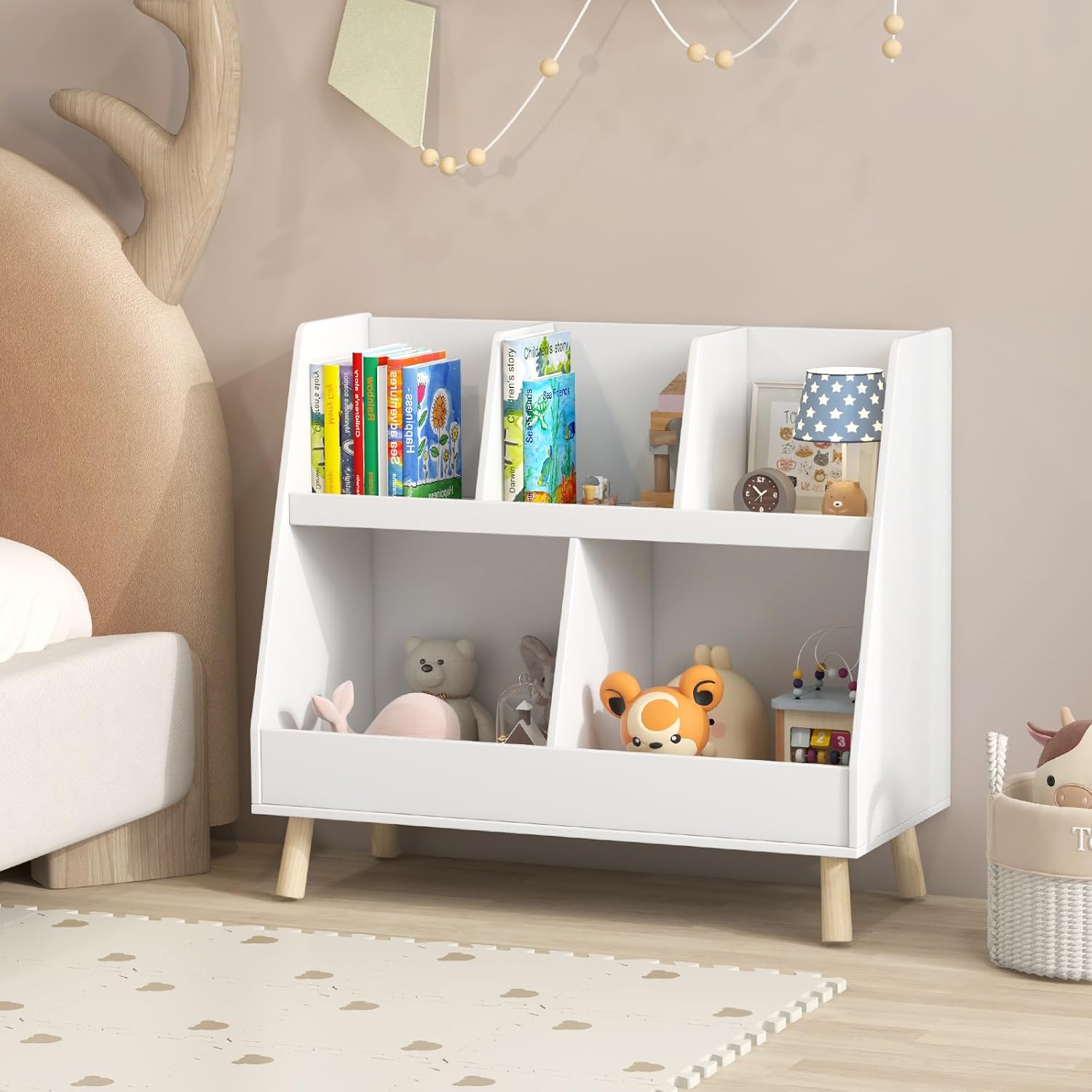 Meuble de Rangement Enfant, Bibliothèque Enfant en Bois à 2 Niveaux pour Livres Jouets, 5 Cubes Etagère de Présentation pour Chambre, Salle de Jeux - 2