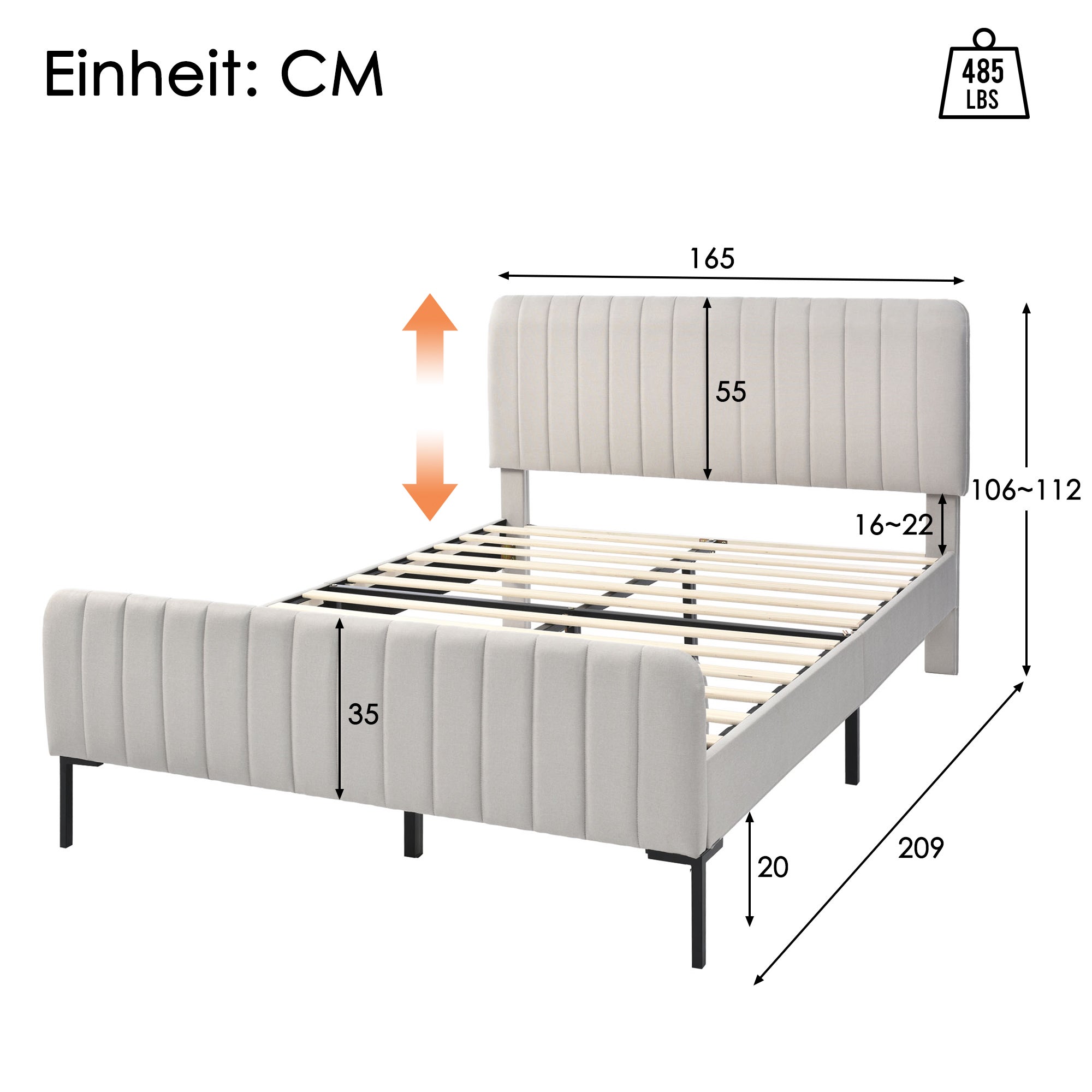 Lit double capitonné 160 x 200 cm, avec sommier à lattes et tête de lit réglable, lit capitonné gris-beige, tissu en lin - 4
