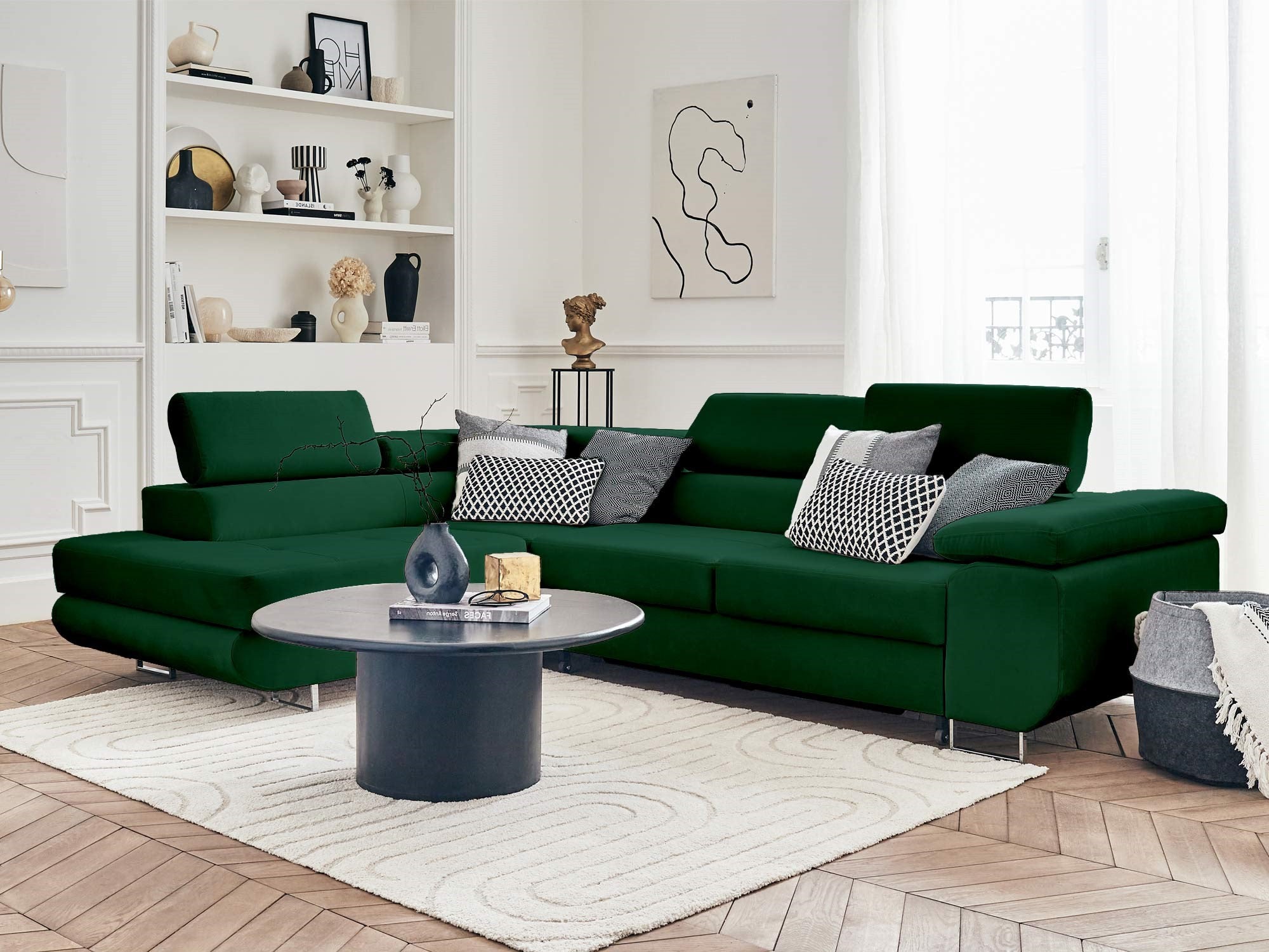 Canapé d'angle gauche convertible 5 places en velours vert - PABLO - Best Mobilier - 5