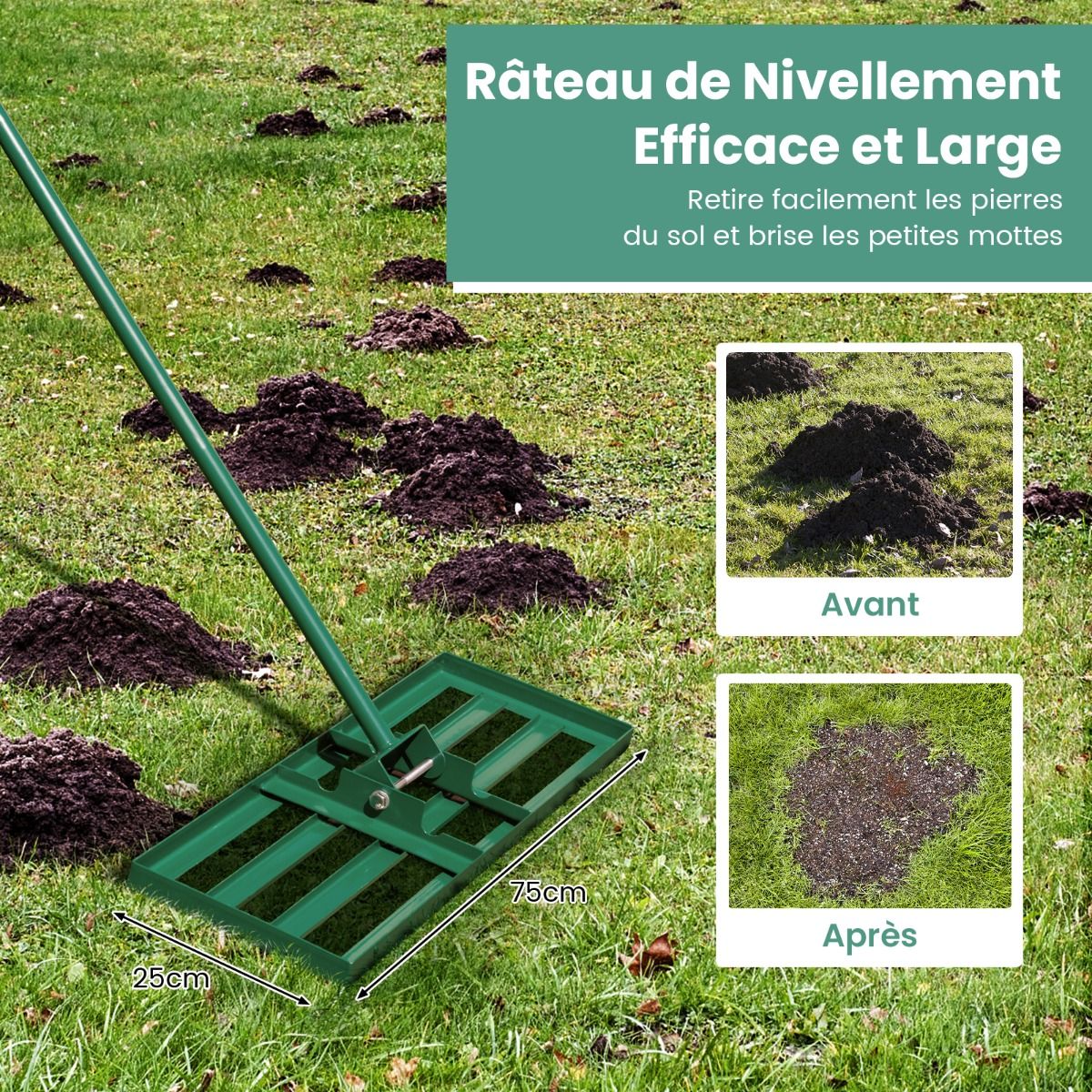 Rastrello Livellatore per Prato, Attrezzo per la Livellatura del Prato con Manico Ergonomico, Livellatrice per Giardino, Cortile, Campo da Gol - 8