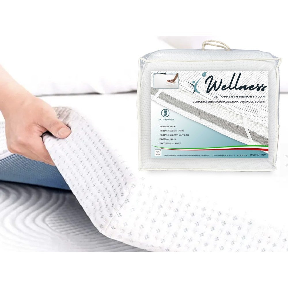 Colchón topper wellness for corrector en memory foam hd espesor 5 cm. funda hipoalergénica y extraíble fabricada en italia un solo centímetro. 80x190