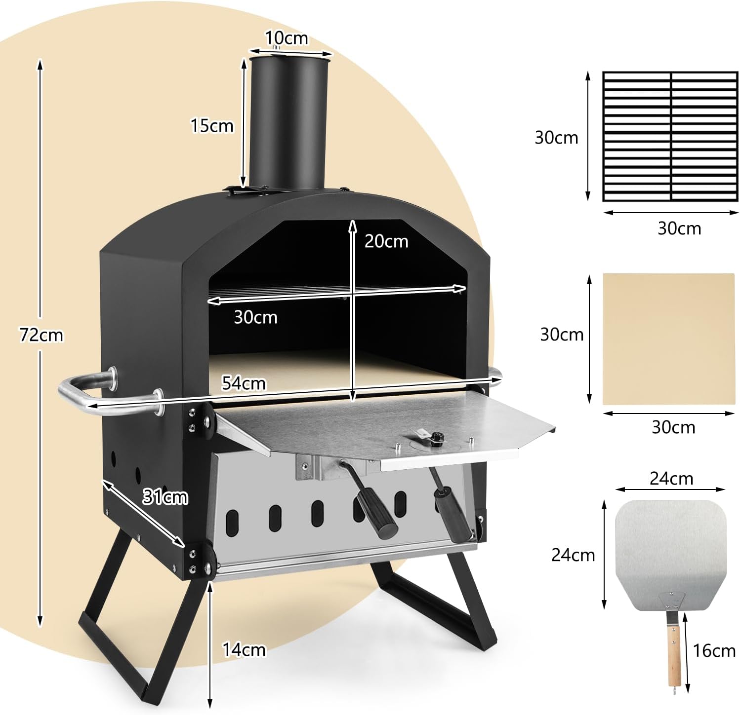 Mini Piec na Drewno do Pieczenia Pizzy na Świeżym Powietrzu, na 2 Pizze, Łopatka do Pizzy, Kamień do Pizzy, Szczelna Pokrywa, Składane Nóżki do Grilla - 7