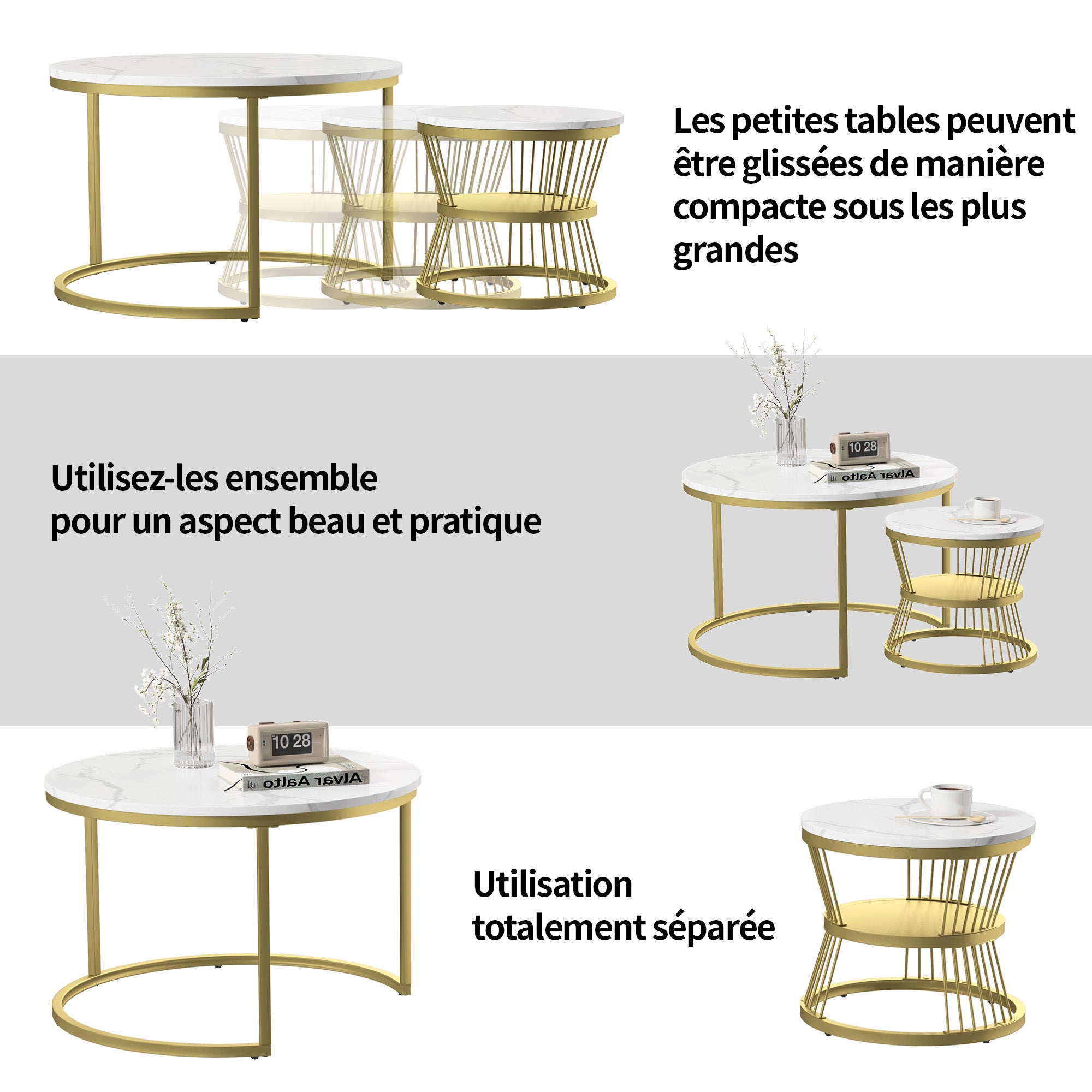 Ensemble de 2 Tables Basses Rondes, Tables Gigognes de Salon Modernes avec Pieds en Métal Doré, Blanc et Or(70 x 45.5cm) - 5