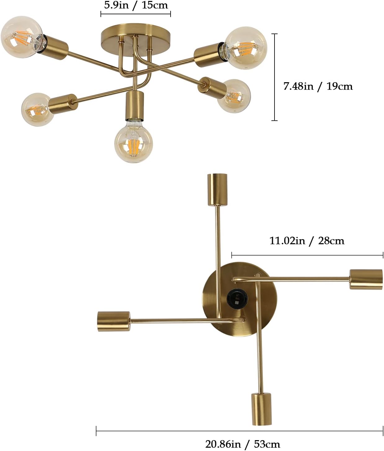 COMELY Plafoniera industriale,Lampadario vintage a 5 luci,Lampada a sospensione in metallo, plafoniera con attacco E27 per soggiorno (senza lampadine) - 7
