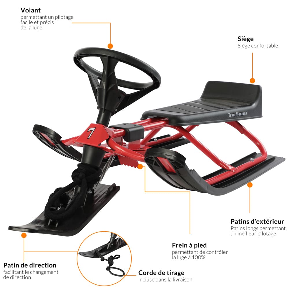 Luge Enfant Avec Volant – 2 Freins à Pied, Corde De Traction, Charge Max 80 Kg, Dès 3 Ans, Noir/Rouge