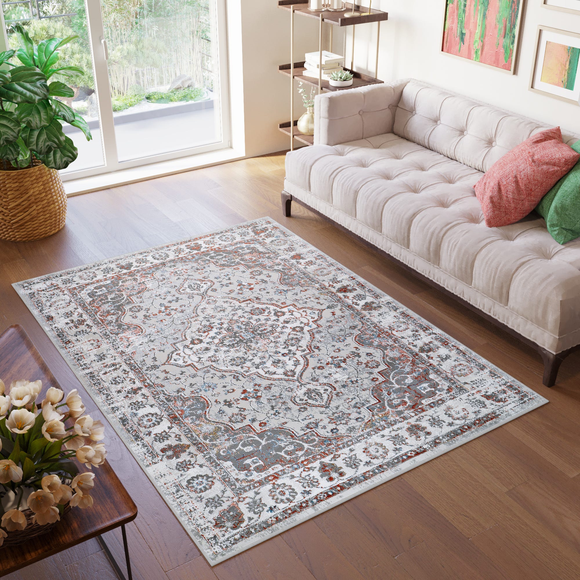 TAPISO Valley Tapis Salon Chambre Vintage Saumon Gris Cr me Doux TAPISO Valley Tapis Salon Chambre Vintage Saumon Gris Cr me Doux