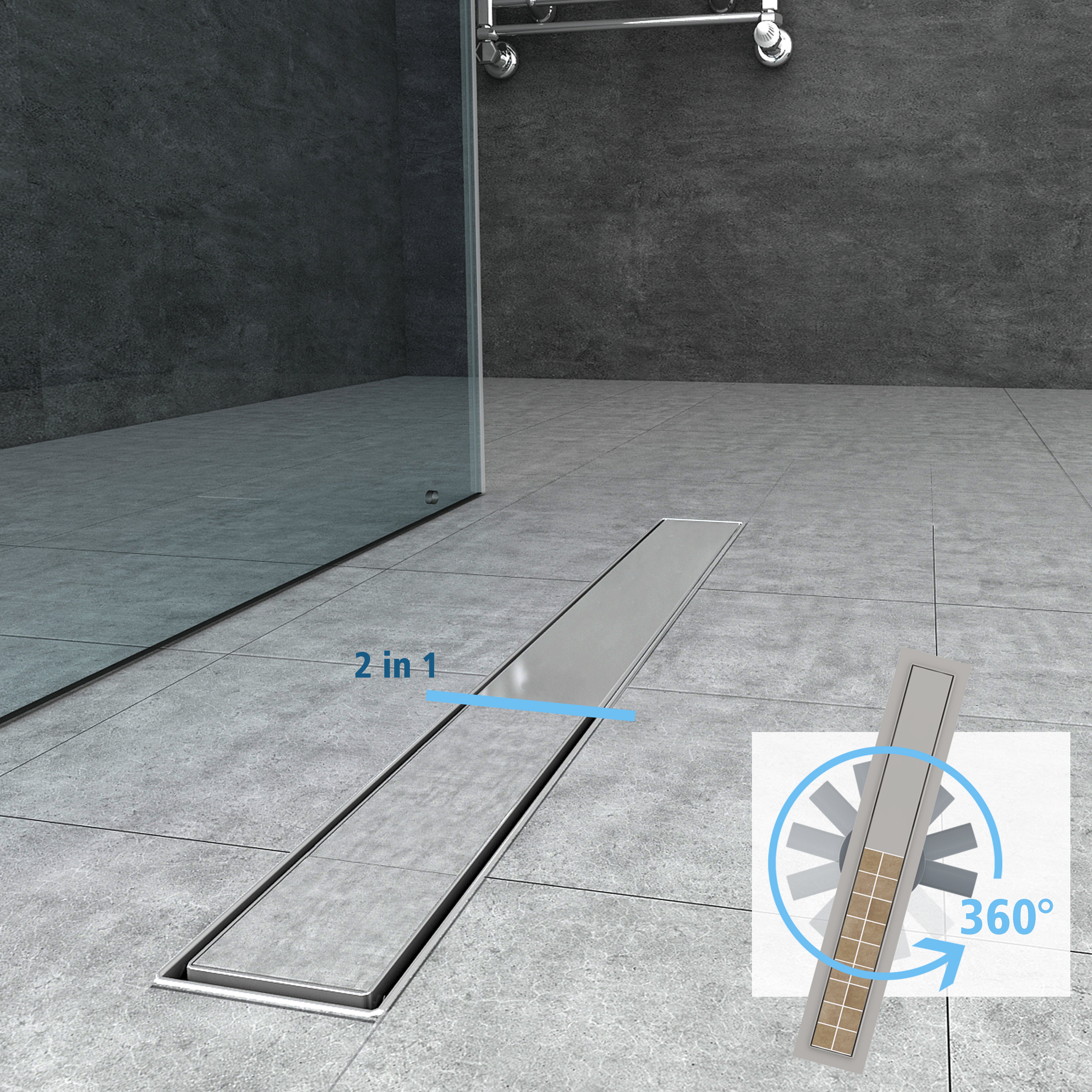 AICA caniveau de douche en acier inoxydable italien 2 en 1+siphon 360°, Siphon de drainage, réglable en hauteur avec désodorisant - 100 cm - 9