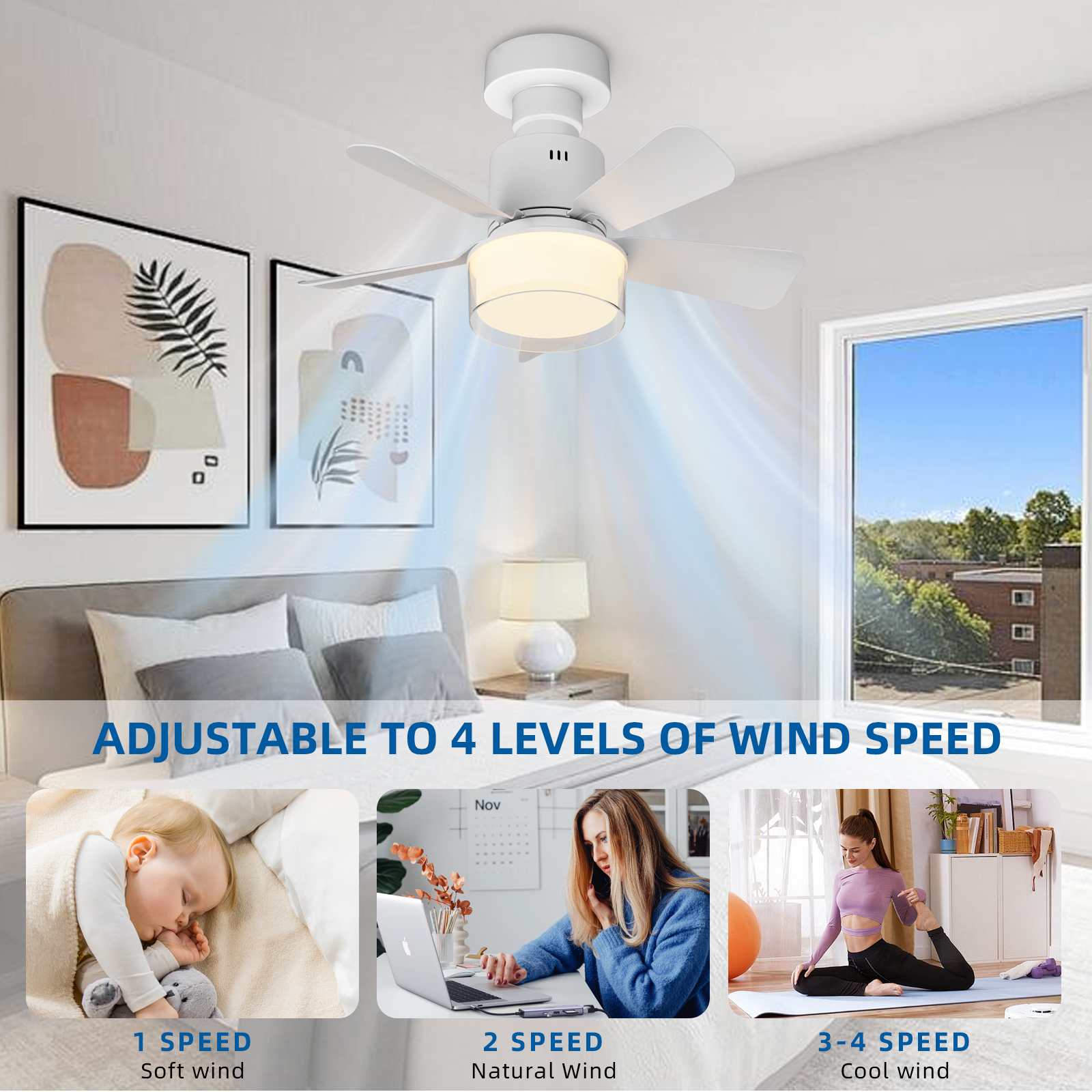 Ventilateur de plafond intelligent 2-en-1 E26/E27 LED télécommande sans outil installation multi-modes éclairage et ventilation éco-énergétique - 3