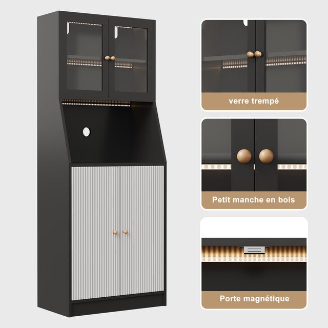 Armoire de Cuisine Colonne 180cm, Buffet avec Éclairage, Étagères Réglables, Plan de Travail et Portes en Verre Transparent, 70x40x180cm - 4