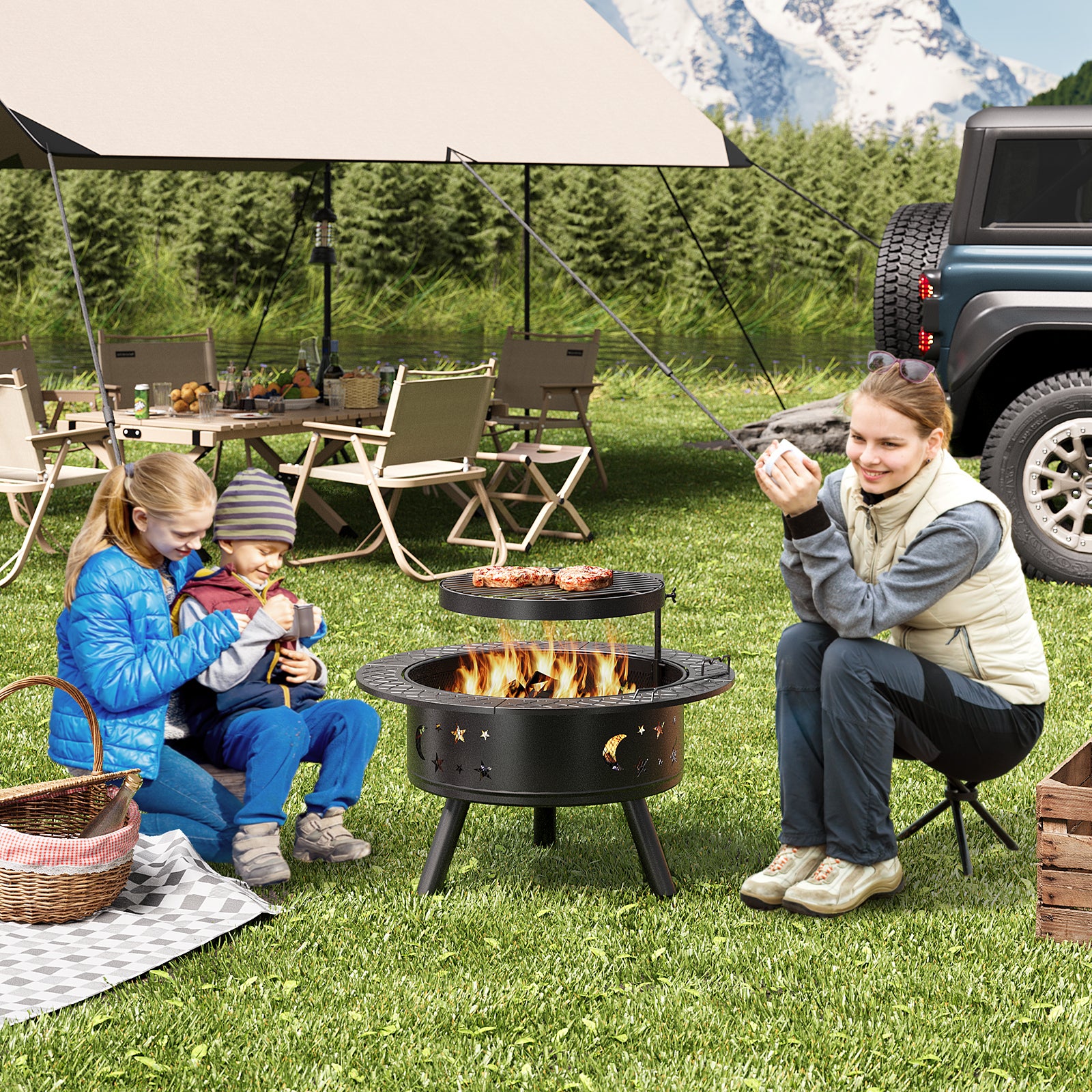 Brasero Extérieur Acier 89 x 89 x 77cm Grille de Barbecue Réglable Rond Poêle à Bois Bealife - 2