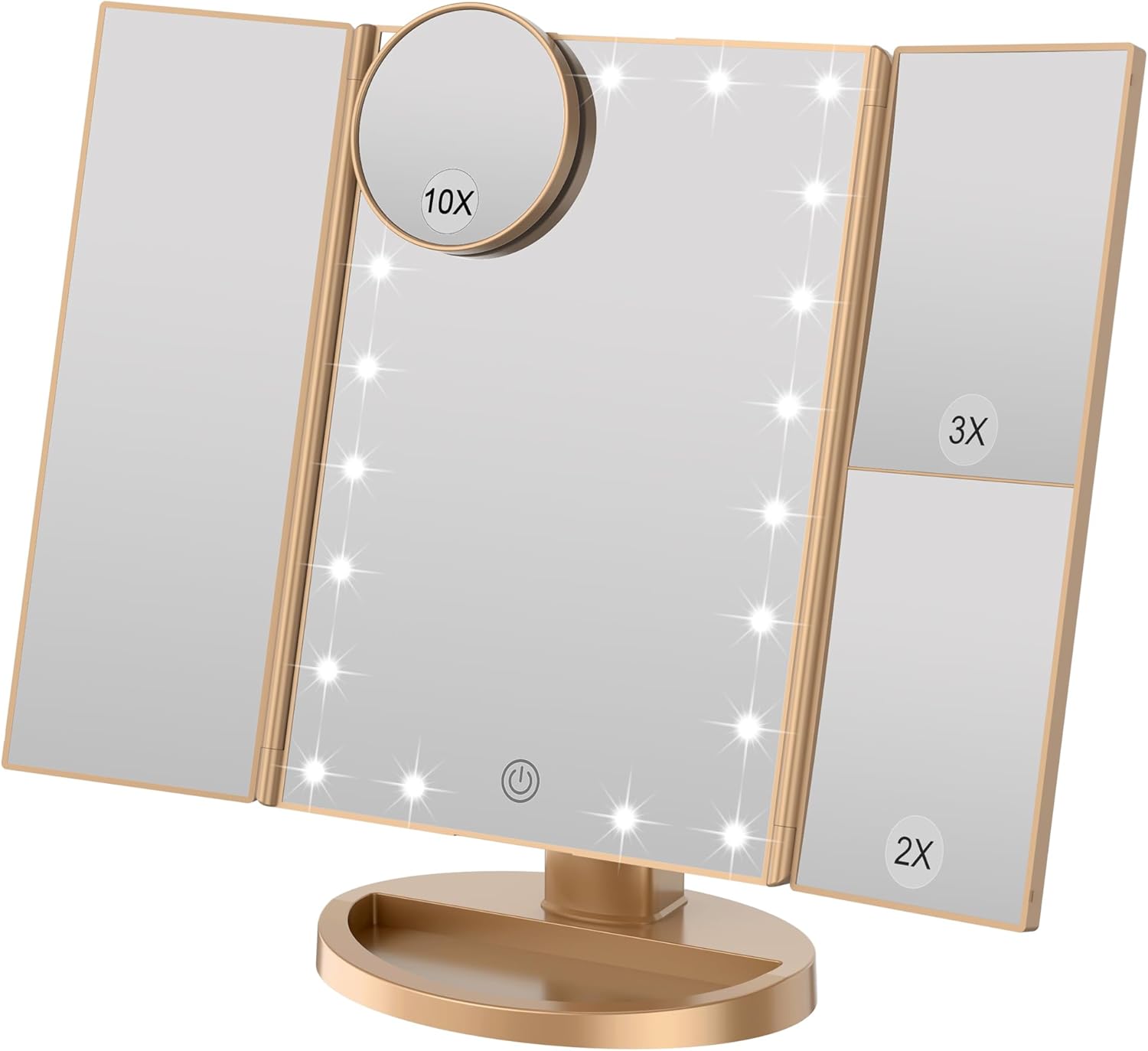 Lustro do makijażu z regulowaną jasnością, 22 diodami LED i powiększeniem 1X/2X/3X, z podwójnym zasilaniem (szampanowe złoto)