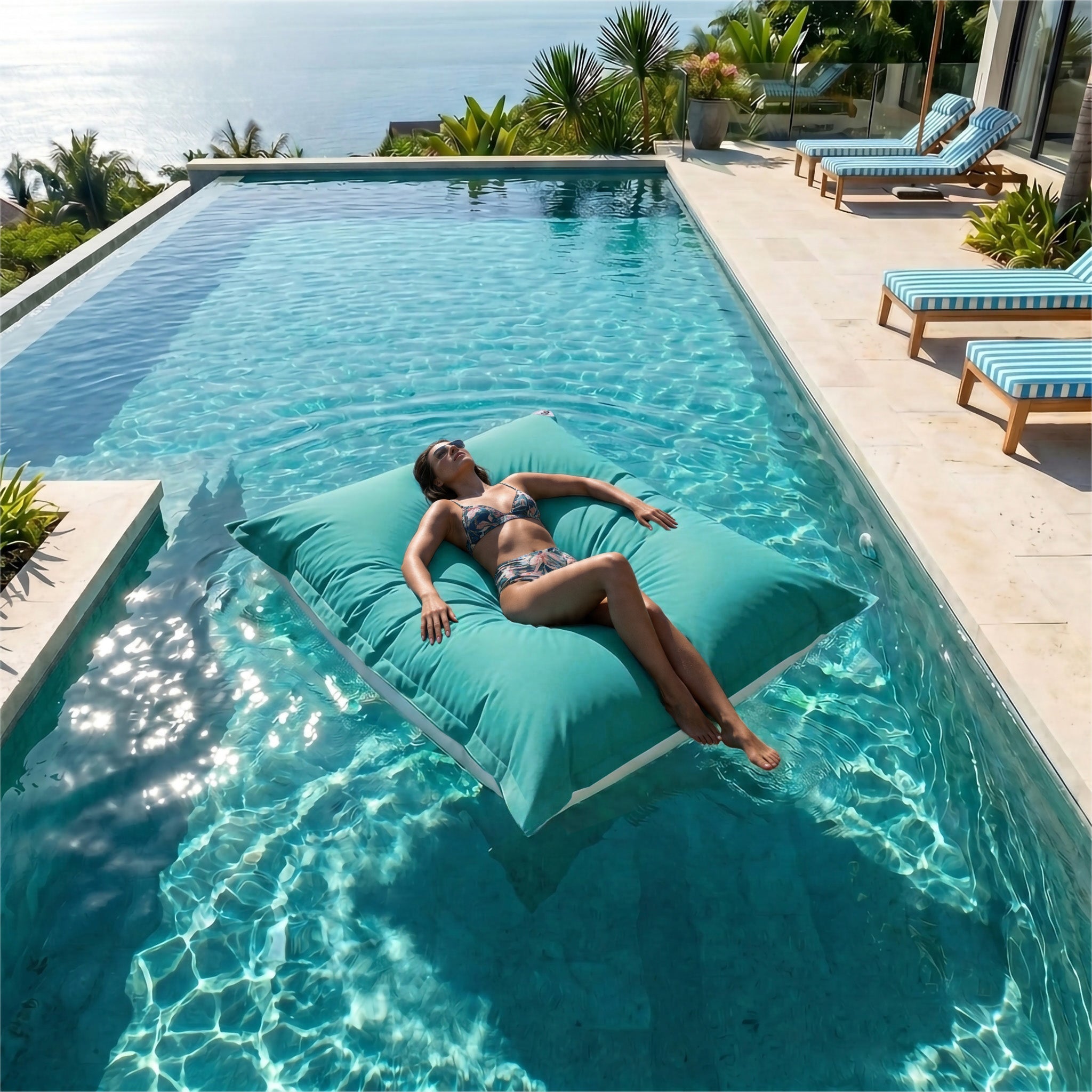 Housse pour Pouf Géant XXL 180x140cm Flottant pour Piscine - Bleu Caraïbes - 3