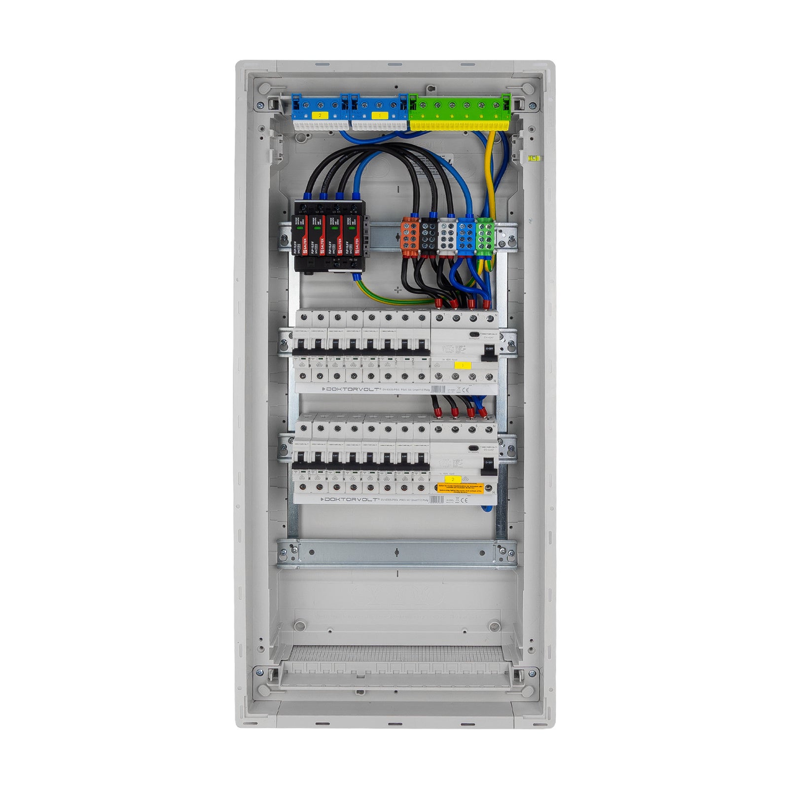 Rozdzielnica modułowa podtynkowa 4x12 zabezpieczona 14xMCB 2xRCCB VDE 755,50 x348x98mm zaciski rozgałęźne L1, L2, L3, N, PE Doktorvolt DV-6258-PT
