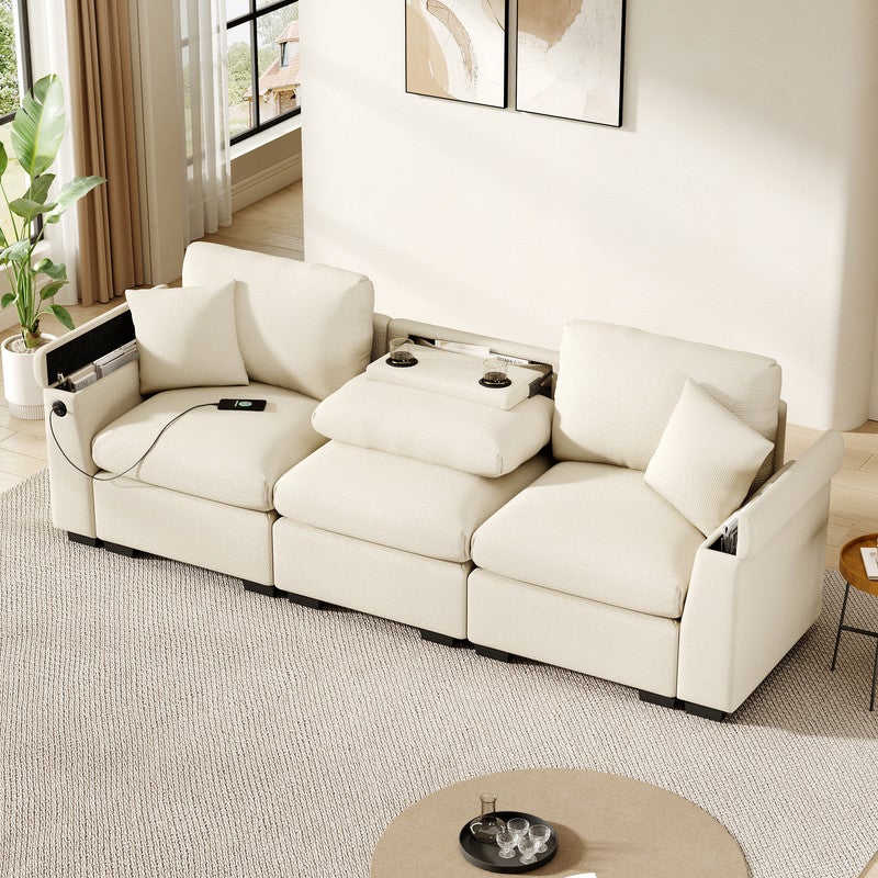 Canapé 3 places moderne - avec coussins et table pliante - comprend des ports USB et un porte-gobelet - beige - 3