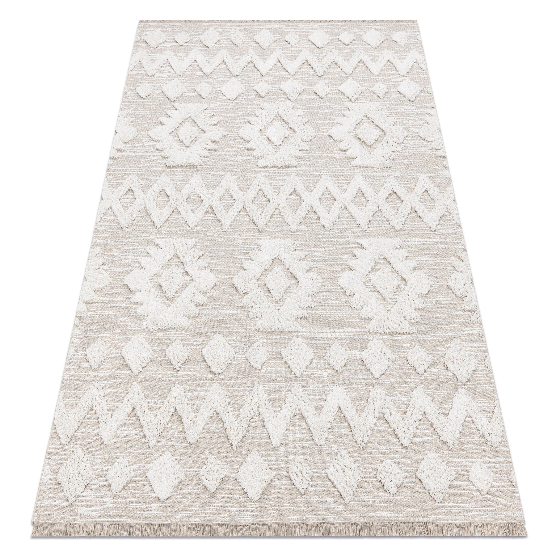 Alfombra eco sisal moroc 22319 rombos boho flecos - estructural beige / crema 194x290 cm