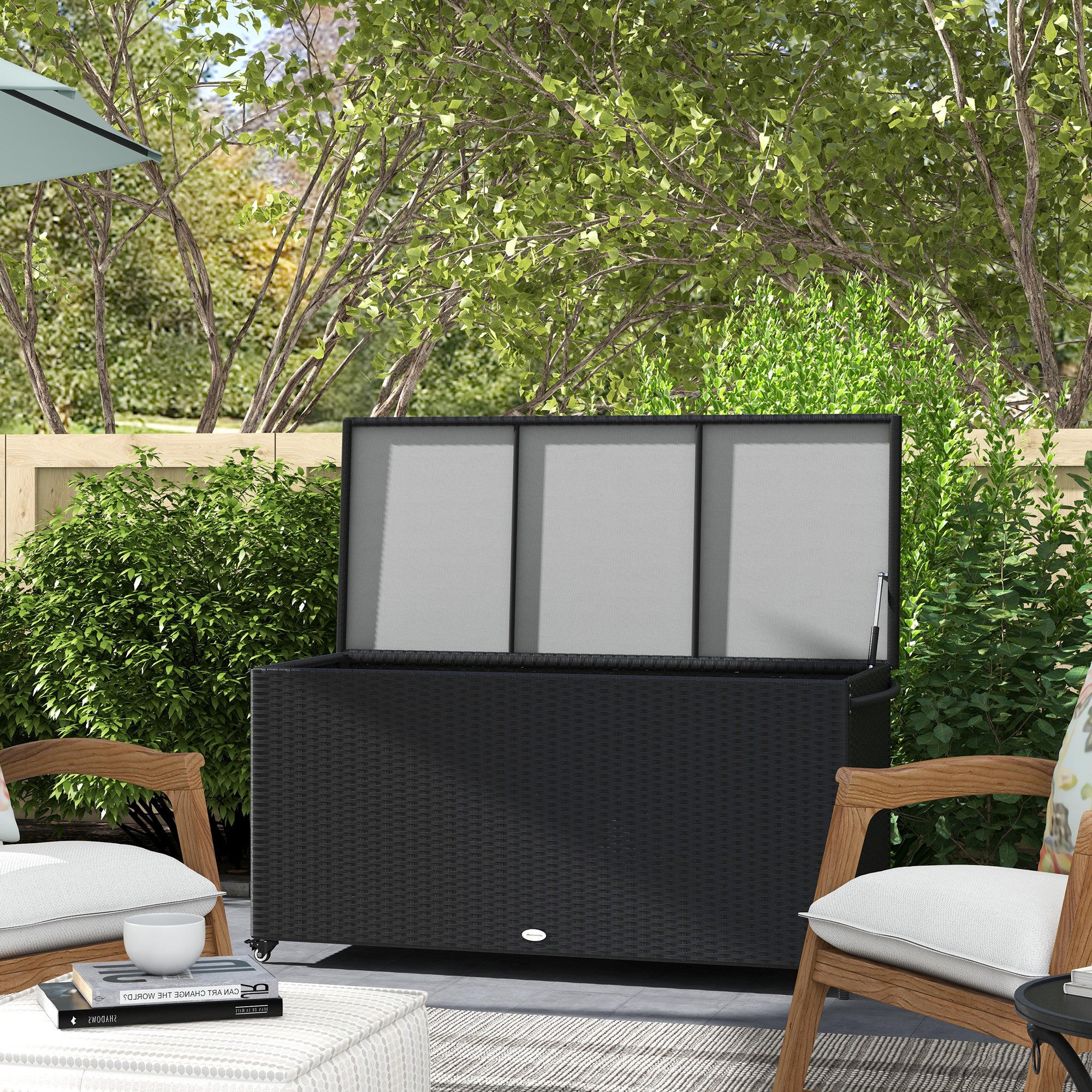 Coffre de jardin en rotin PE,banc de rangement extérieur à roulettes avec vérin pneumatique et poignée latérale,121x57x67cm,noir - 3